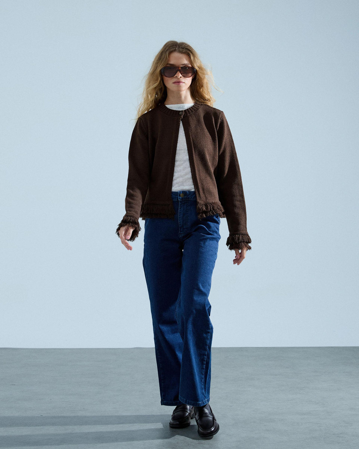 Chaqueta Punto Flecos Marrón