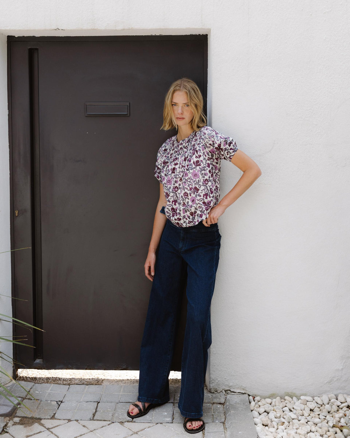 Blusa Detalles Canesú Estampada Morada