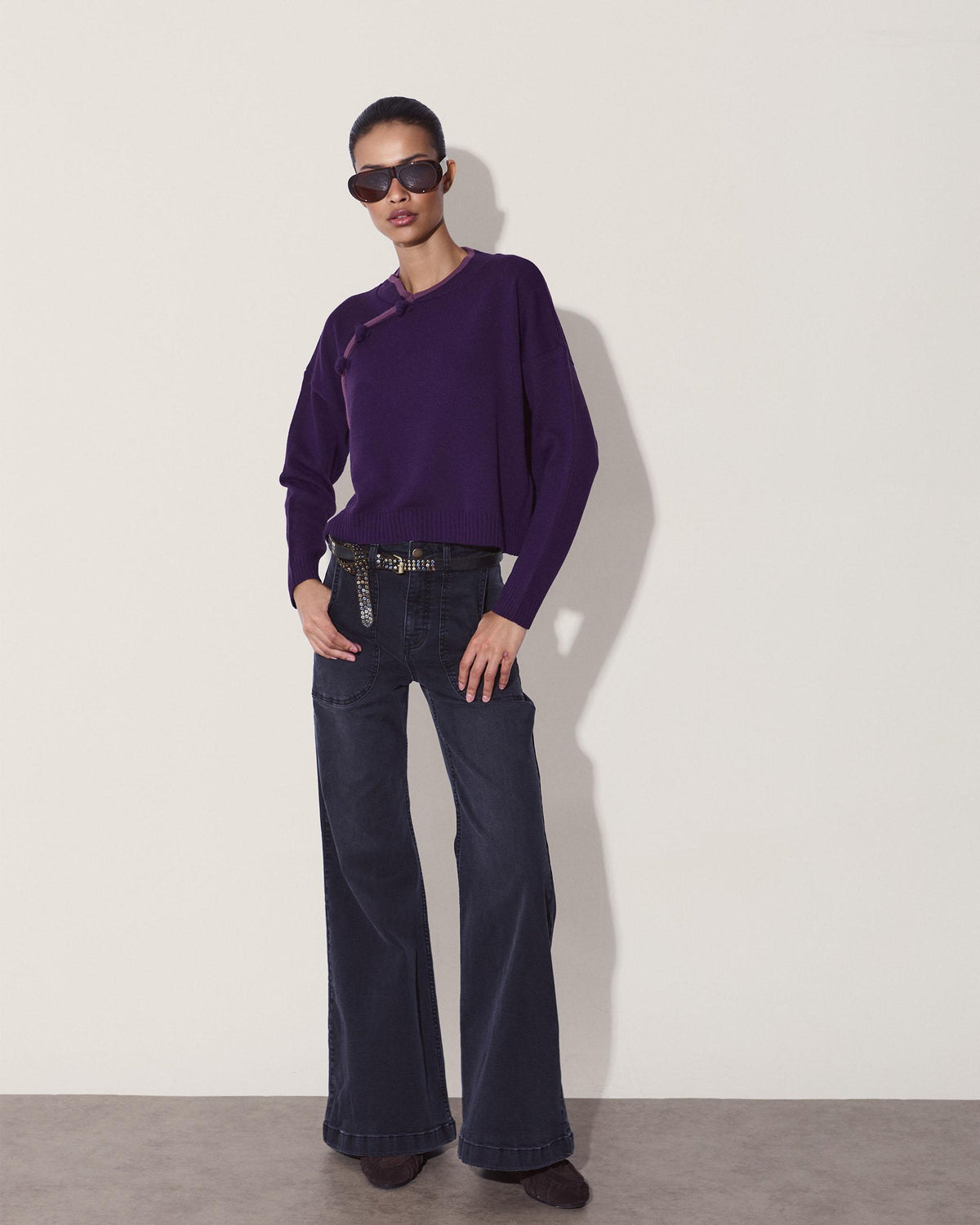 Side Button Contrast Trim Jumper Purple