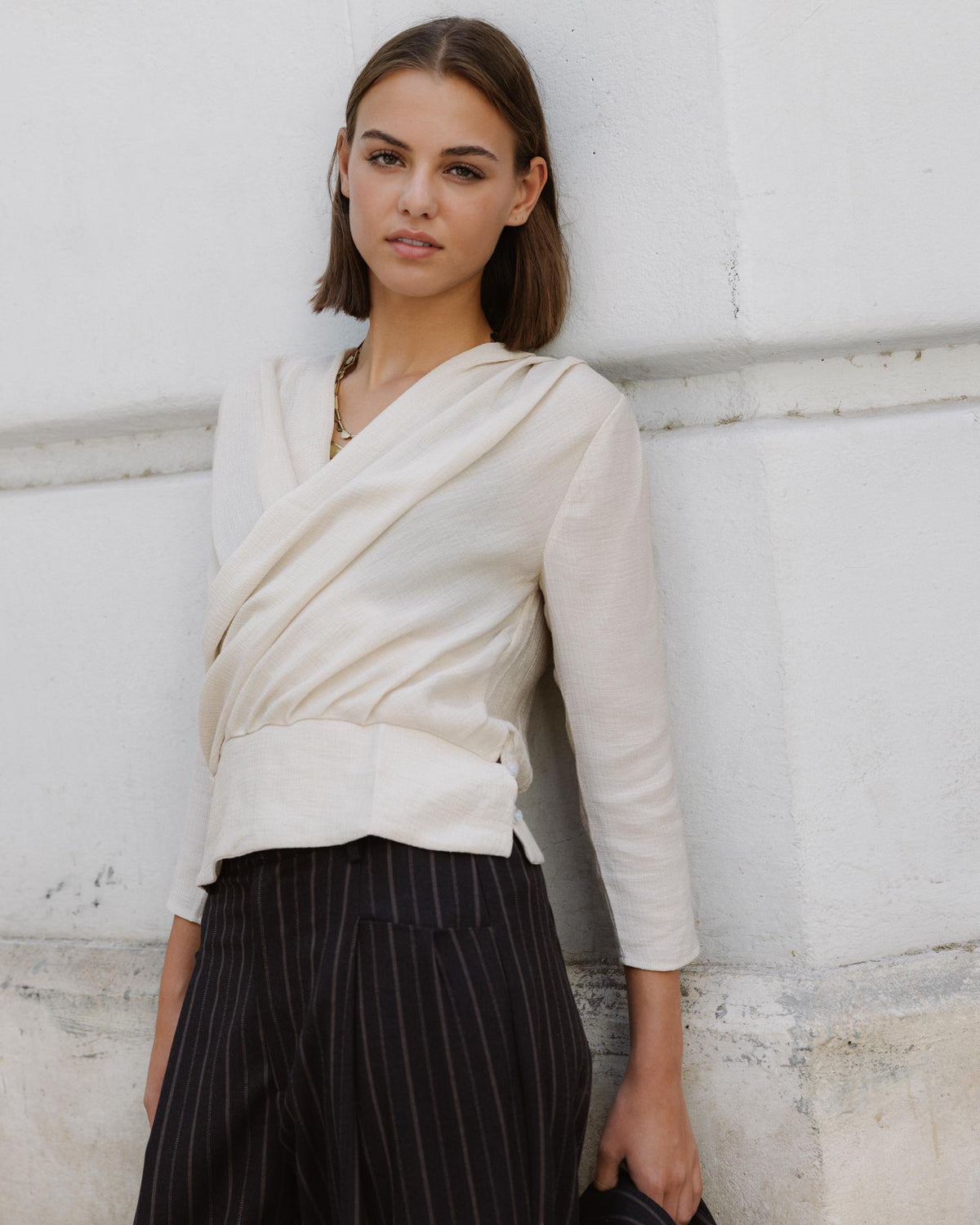 Ecru Draped Blouse with Side Buttons