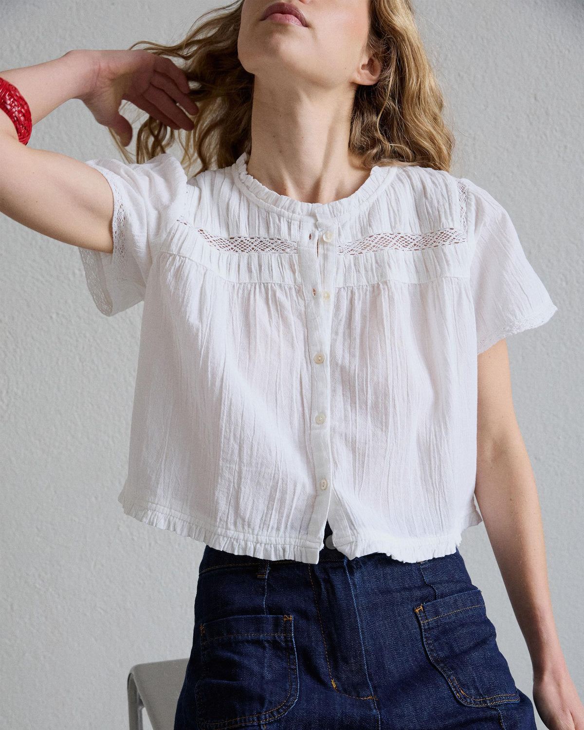 Blusa Manga Corta Puntillas Blanca