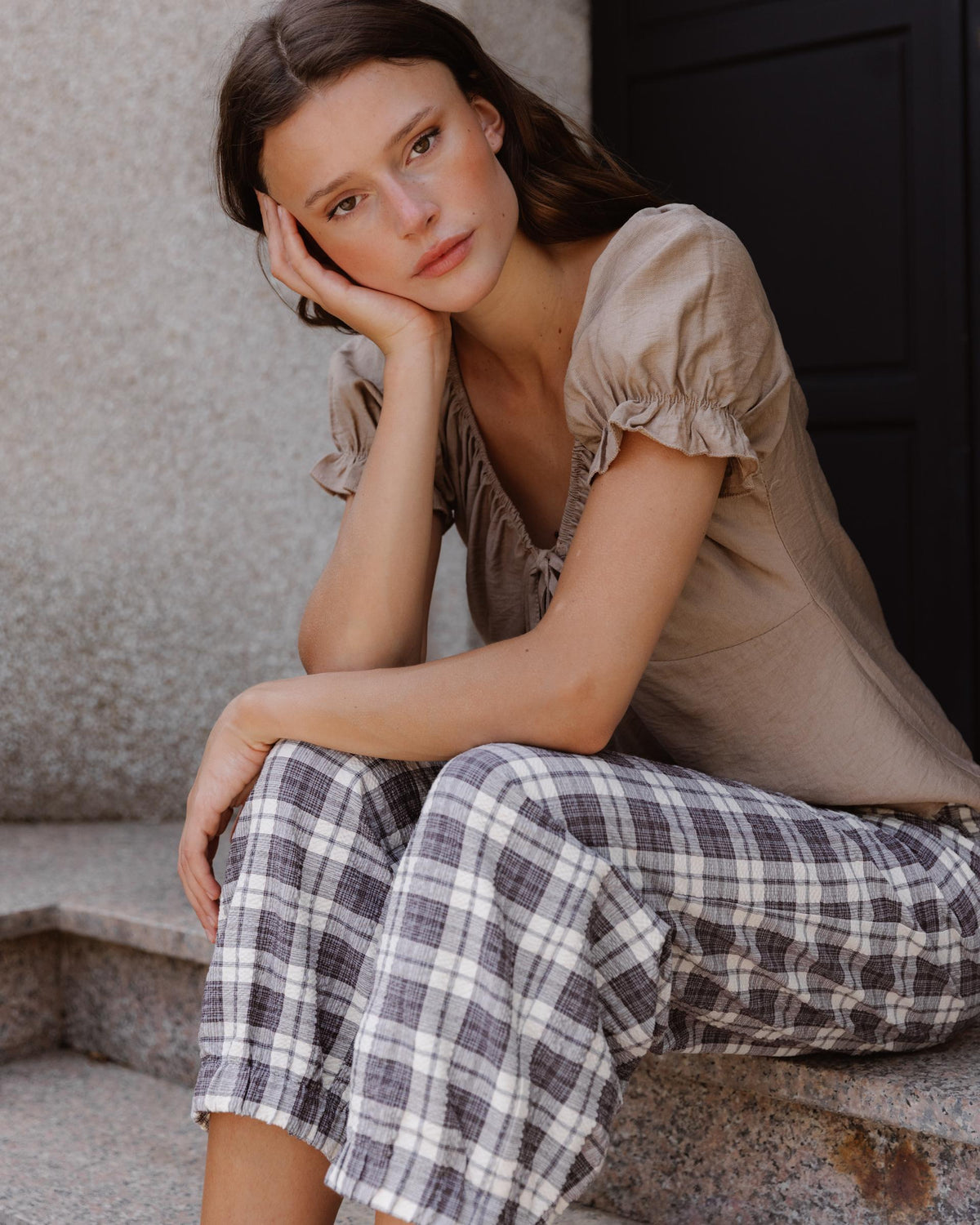 Taupe Short-Sleeve Tie-Front Blouse