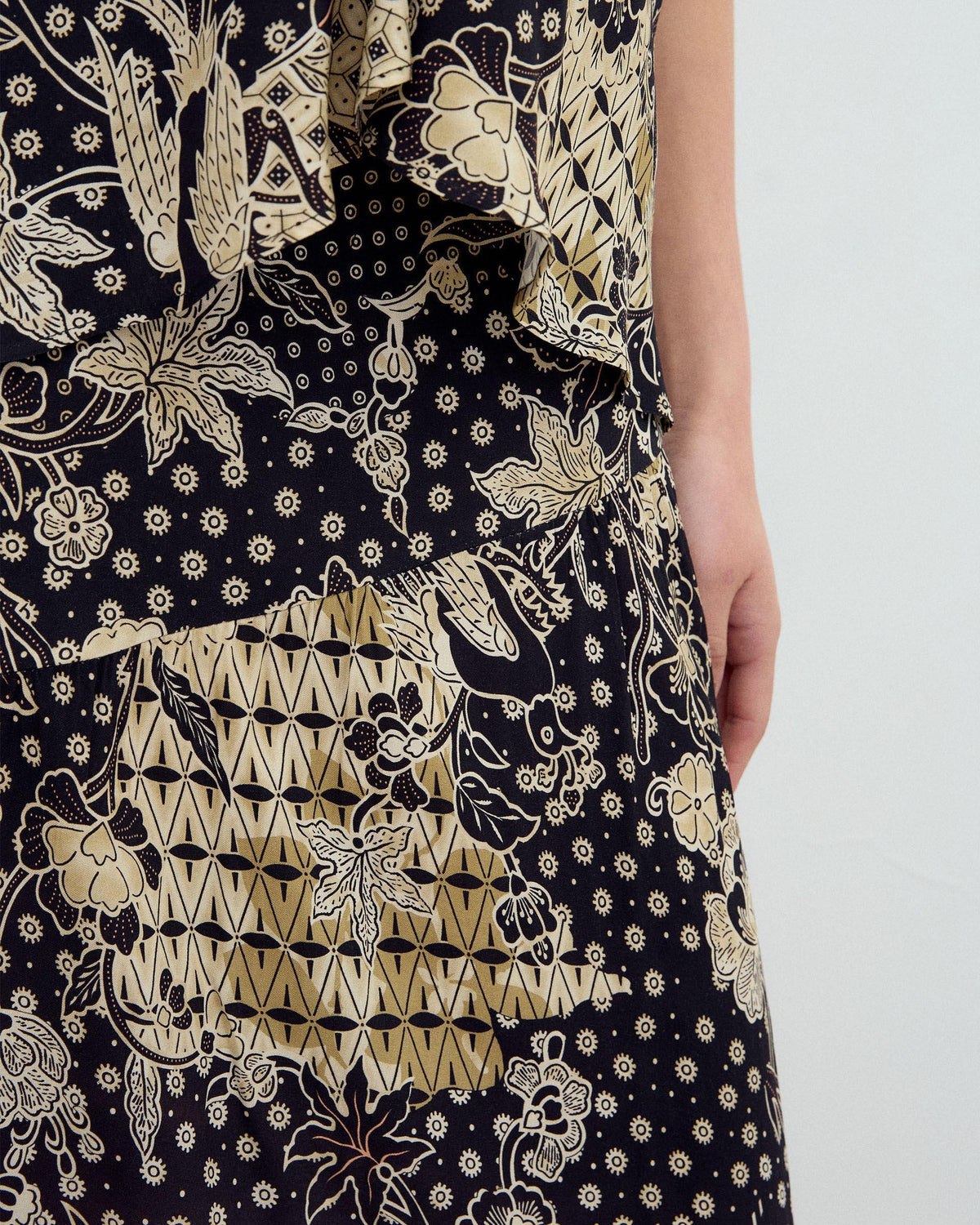 Black Floral Print Skirt with Diagonal Seam