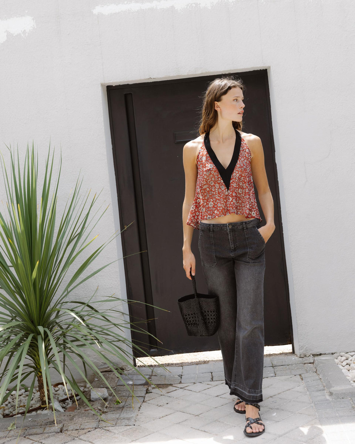 Red Floral Halter Top with Contrast Trim