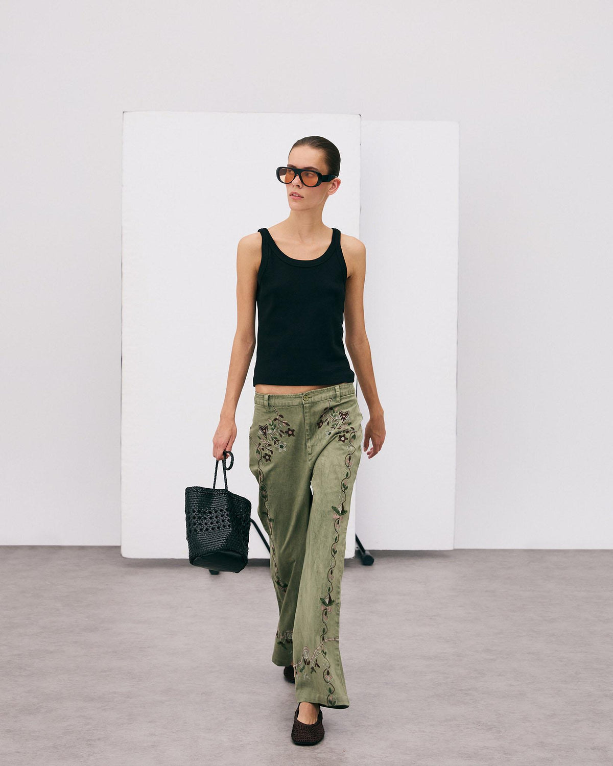 Green Floral Embroidered Trousers