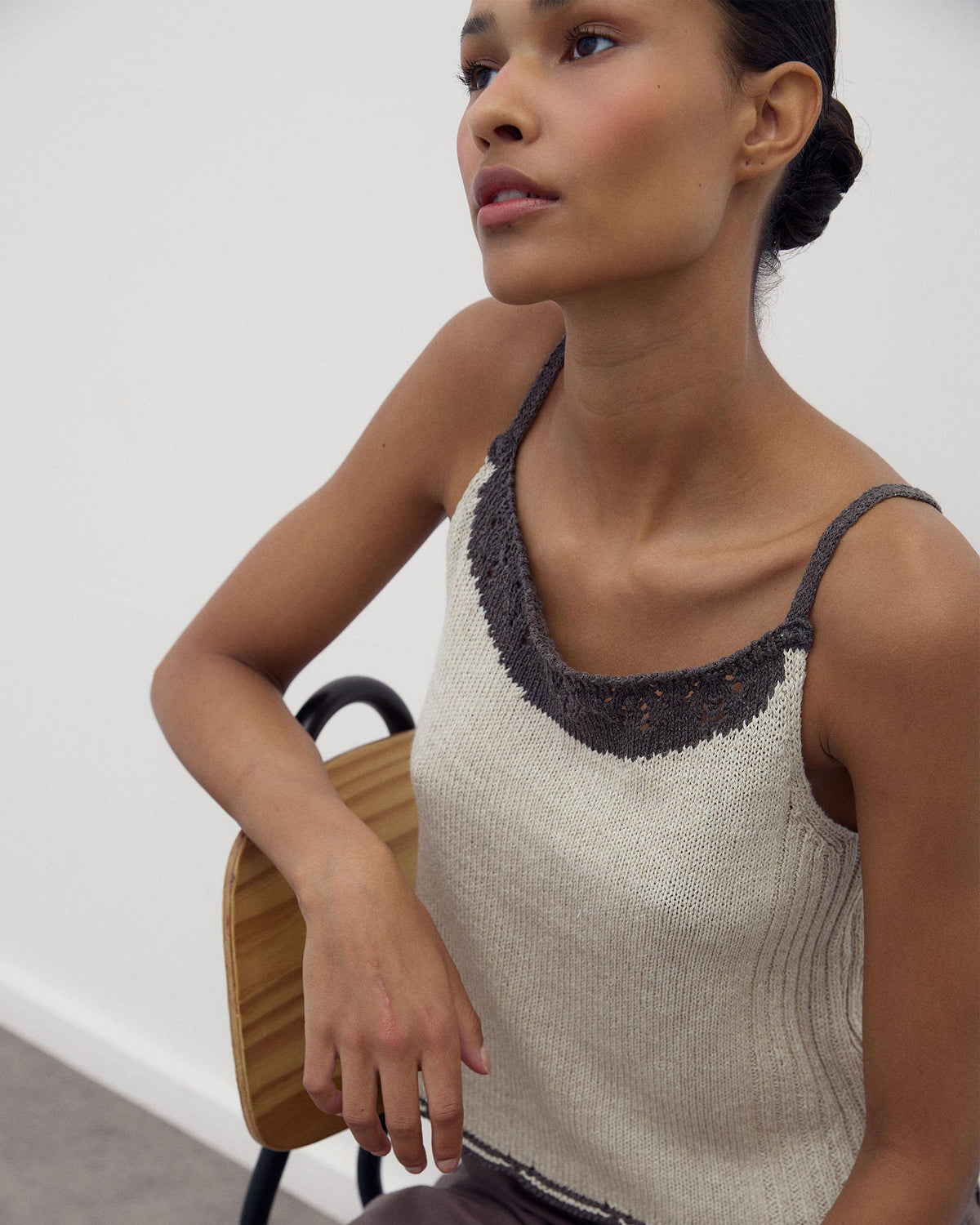 Beige Contrast Cut-Out Knit Strappy Top