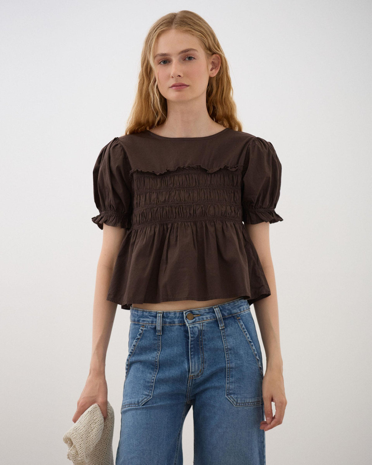 Brown Puff Sleeve Shirred Blouse