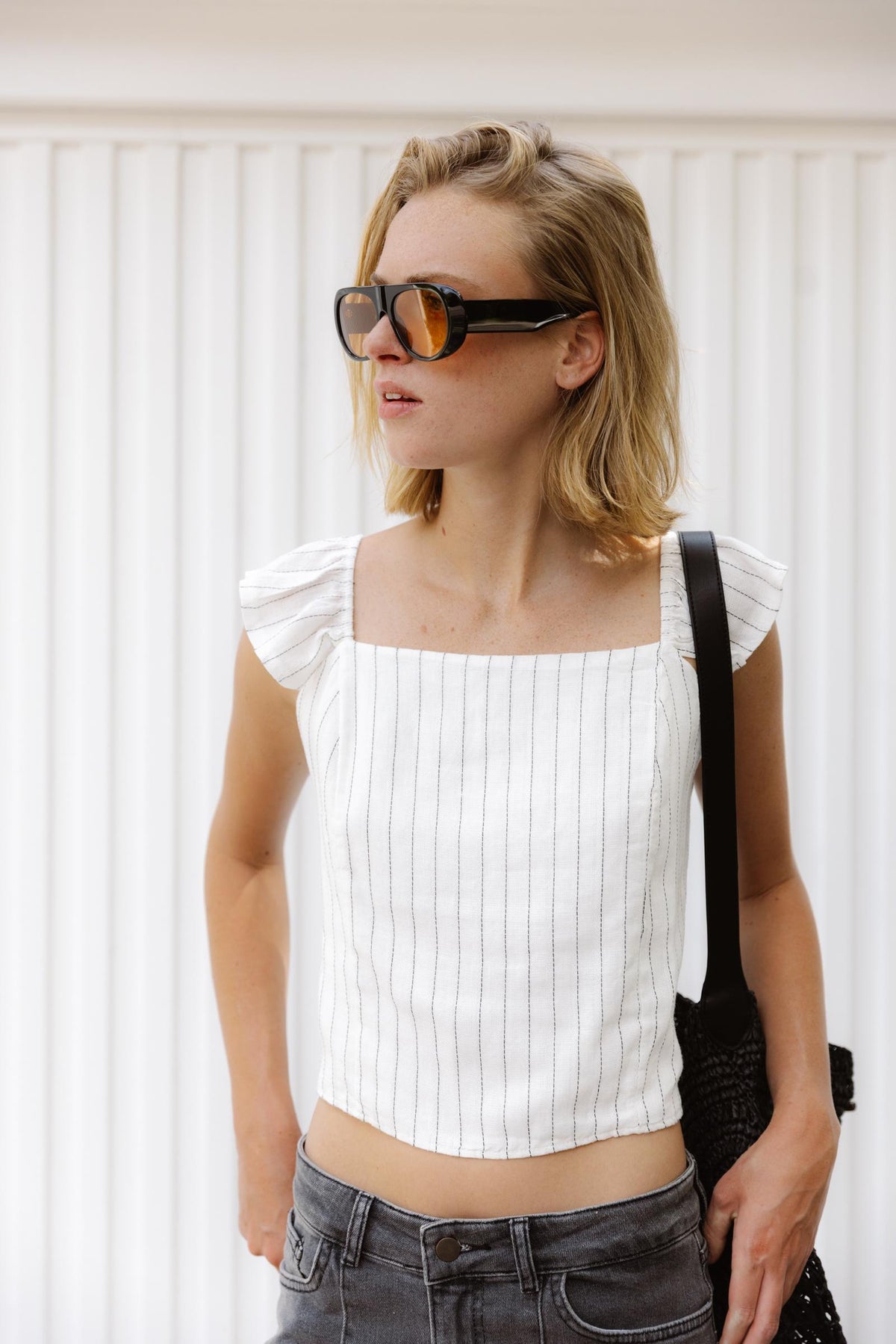 Ecru Striped Square Neck Top