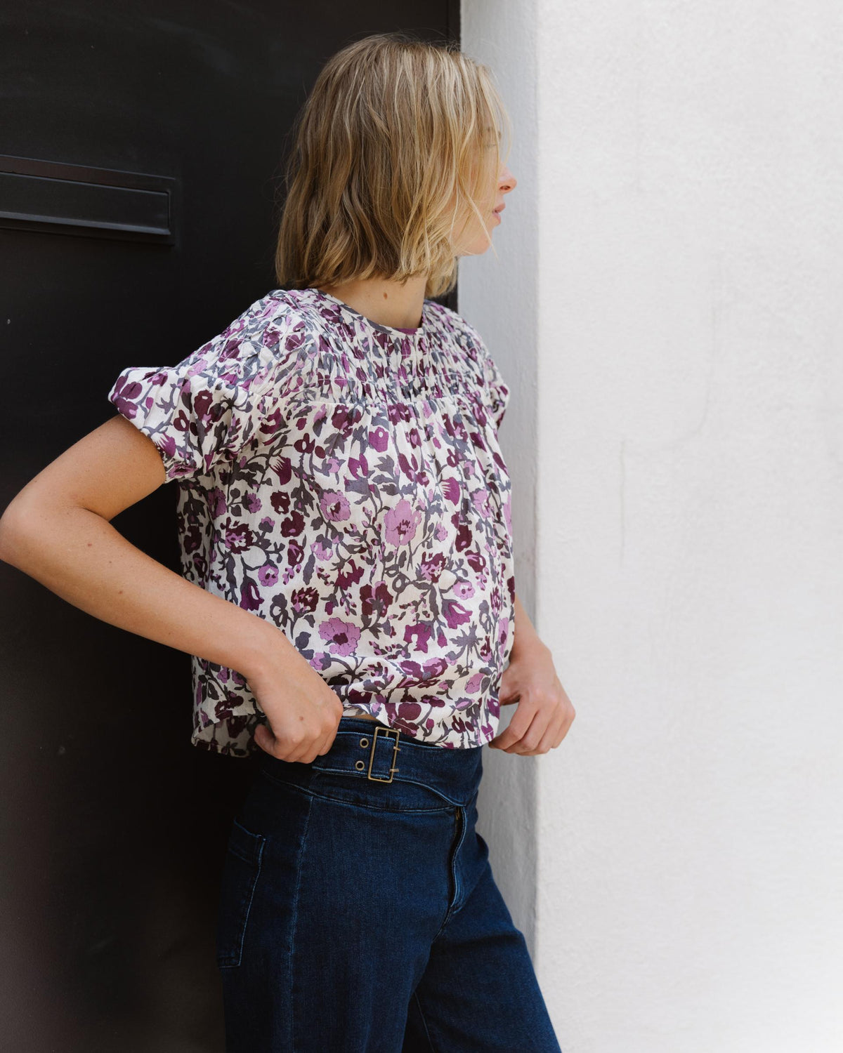 Blusa Detalles Canesú Estampada Morada