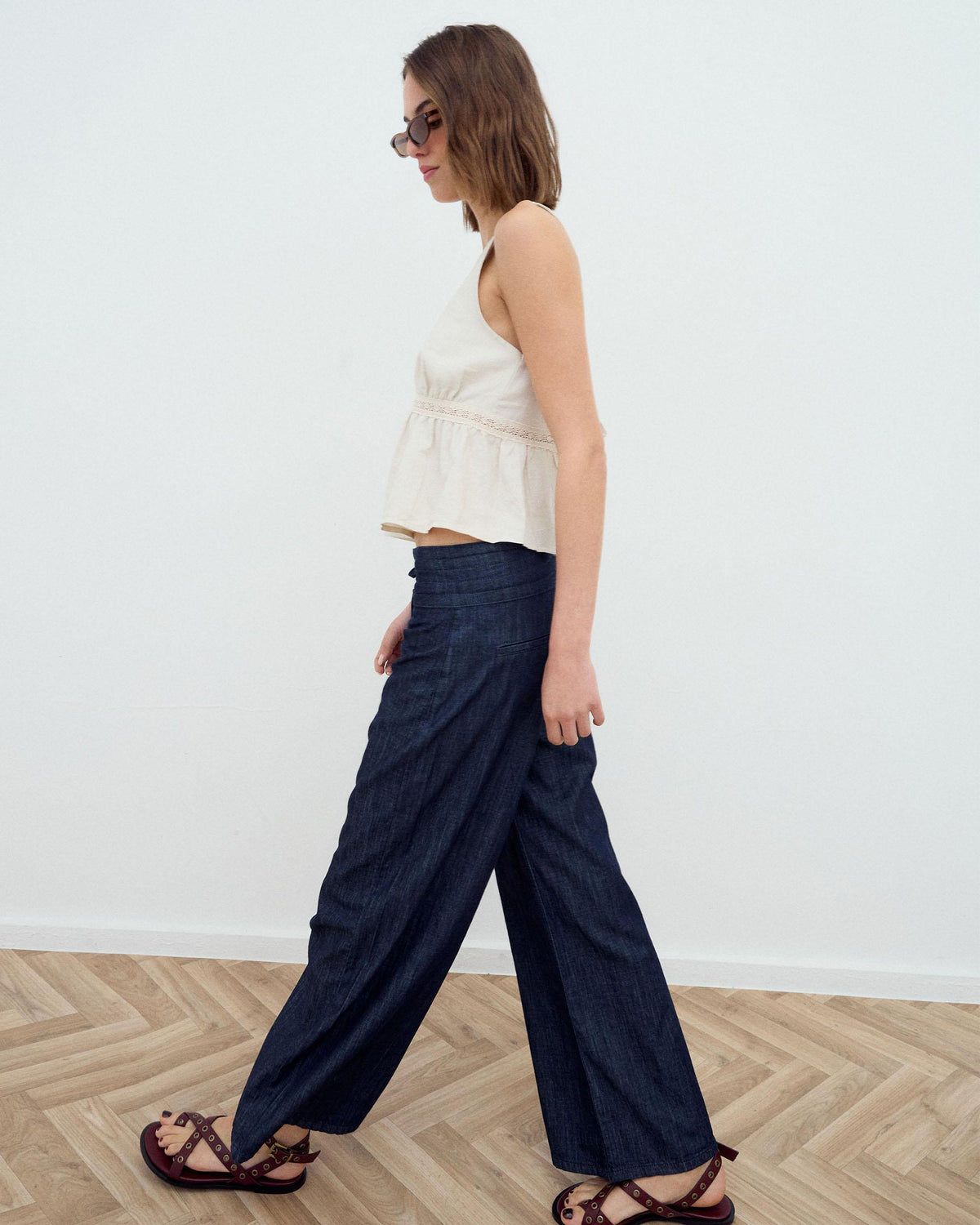 Dark Blue Triple Waistband Tie-Side Jeans