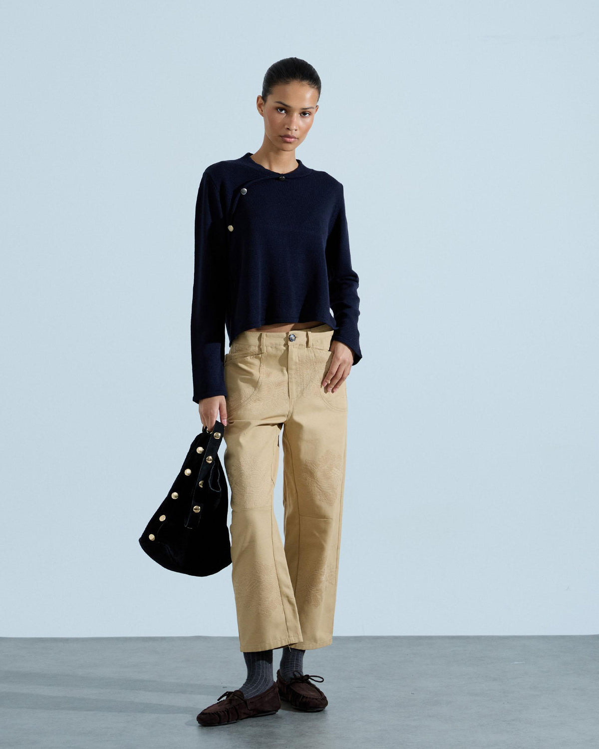 Mandarin Collar Side Button Jumper Dark Blue