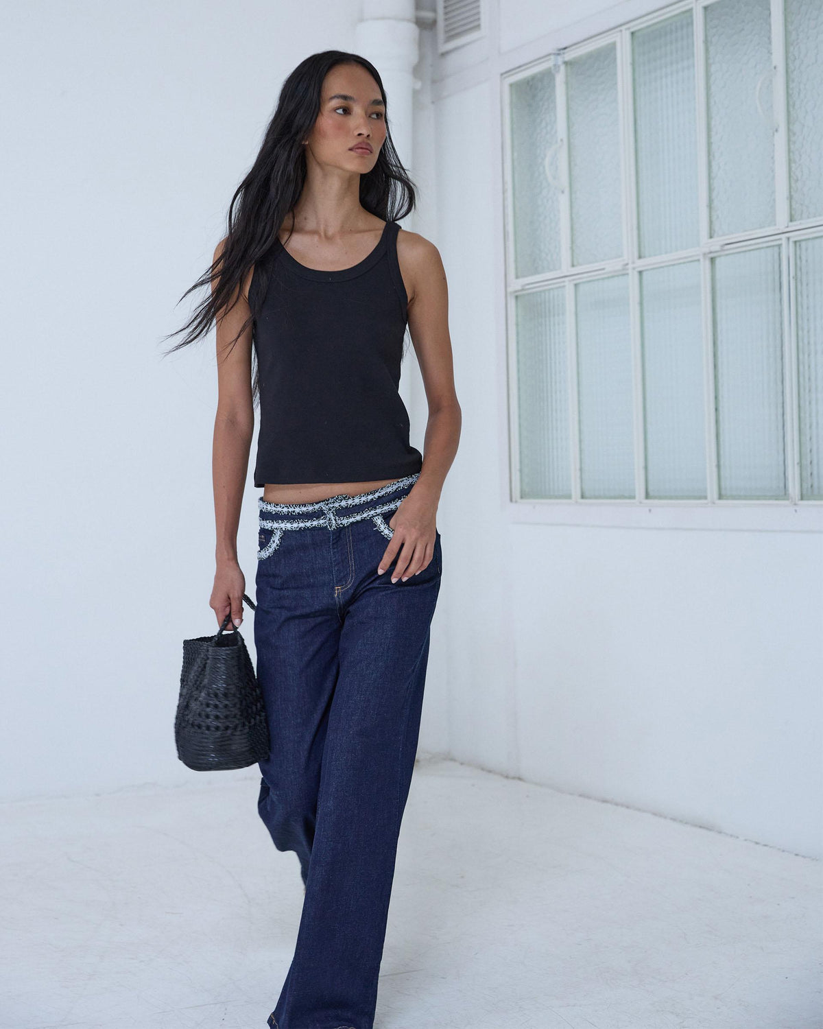 Dark Blue Waistband Detail Jeans