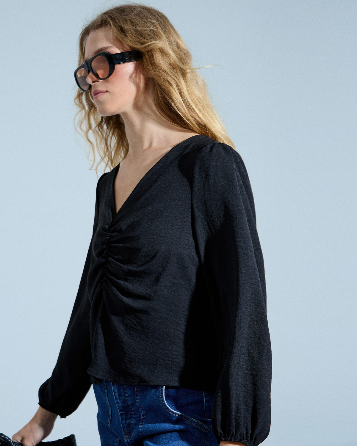 Blusa Manga Larga Frunce Negro