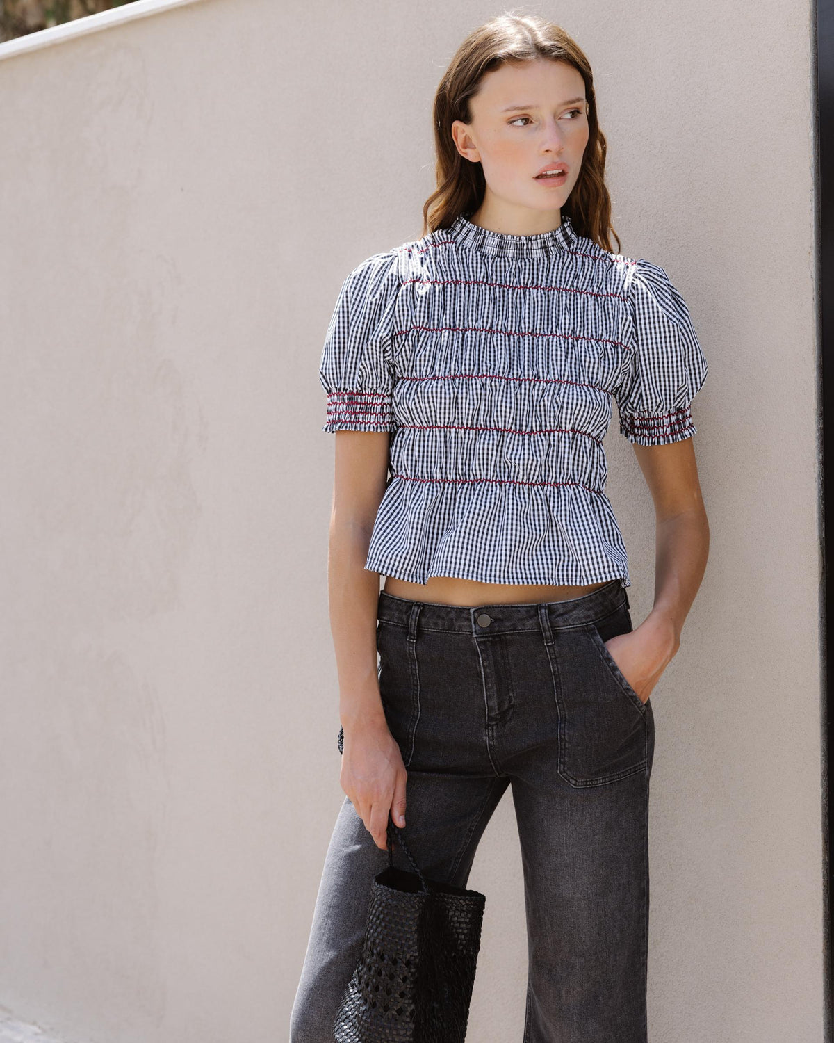 Black Gingham Shirred Blouse