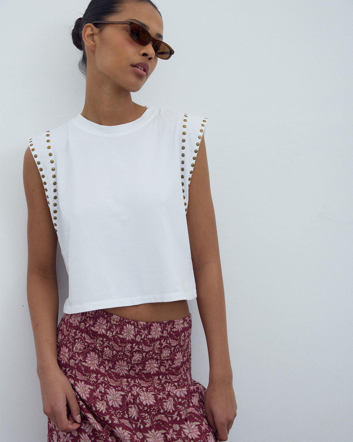 White T-Shirt with Studded Sleeves