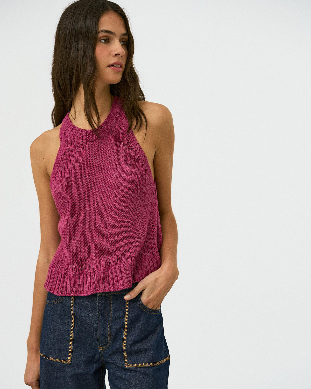 Pink Ribbed Sleeveless Round-Neck Top