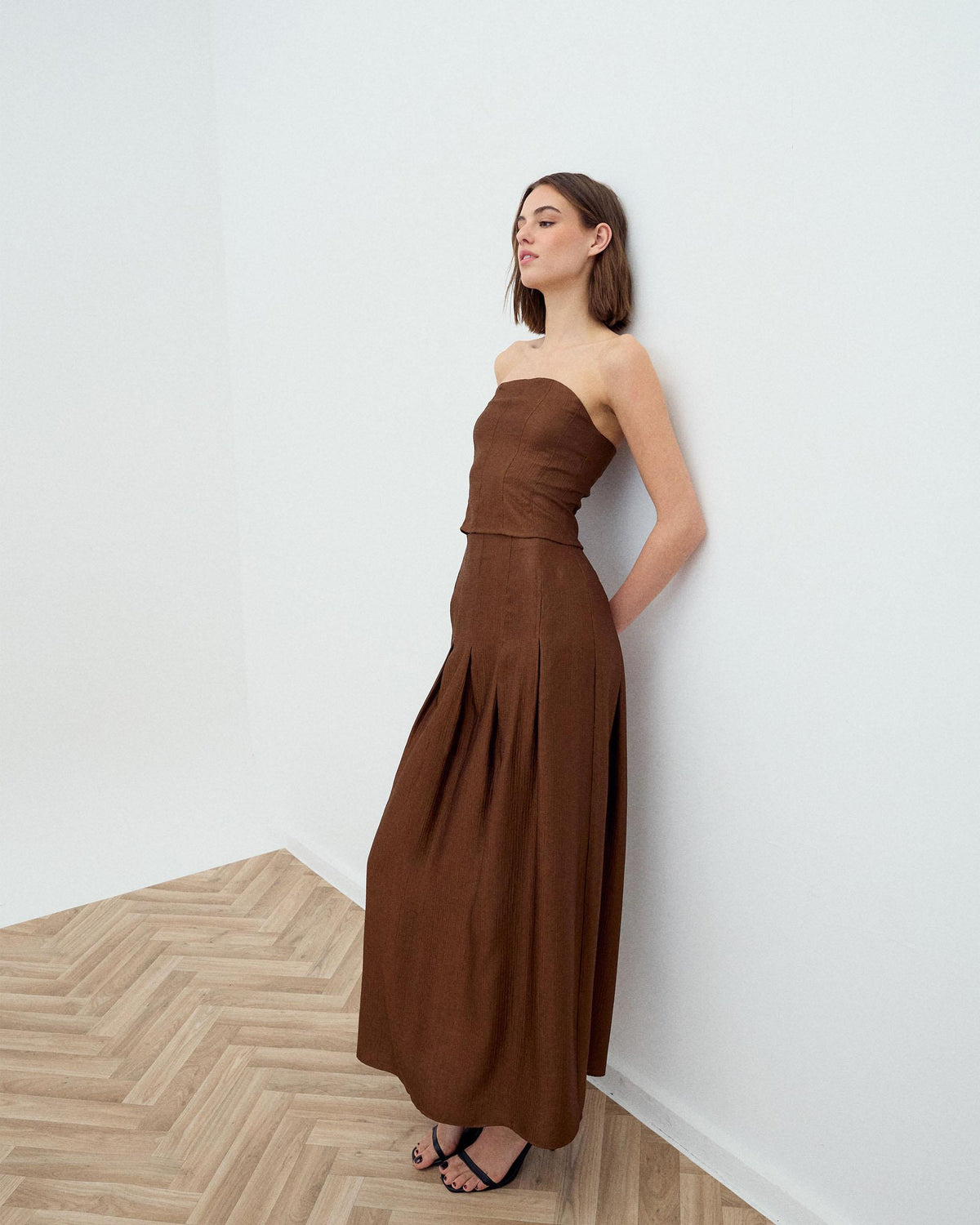 Brown Strapless Top with Seam Detail