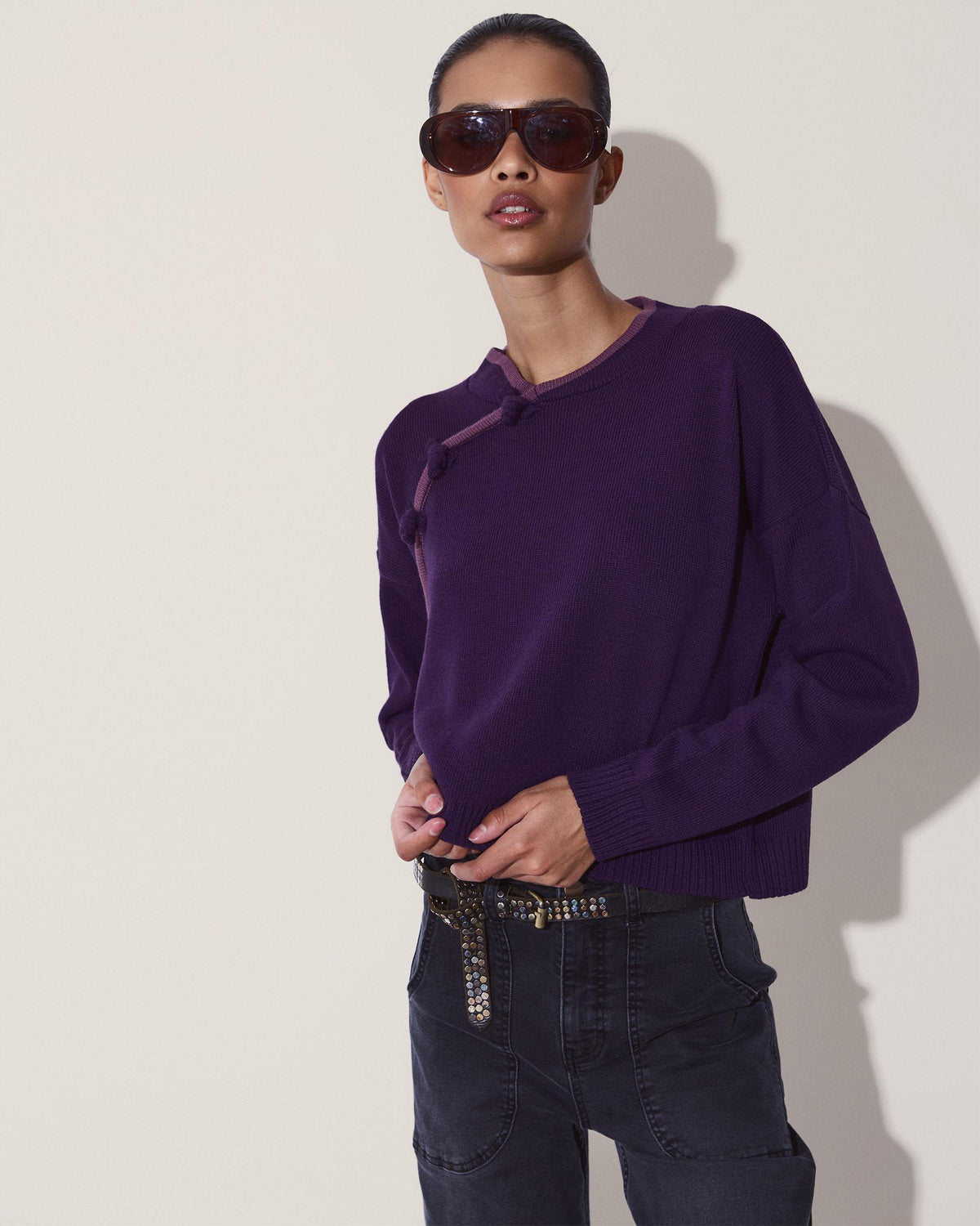 Side Button Contrast Trim Jumper Purple
