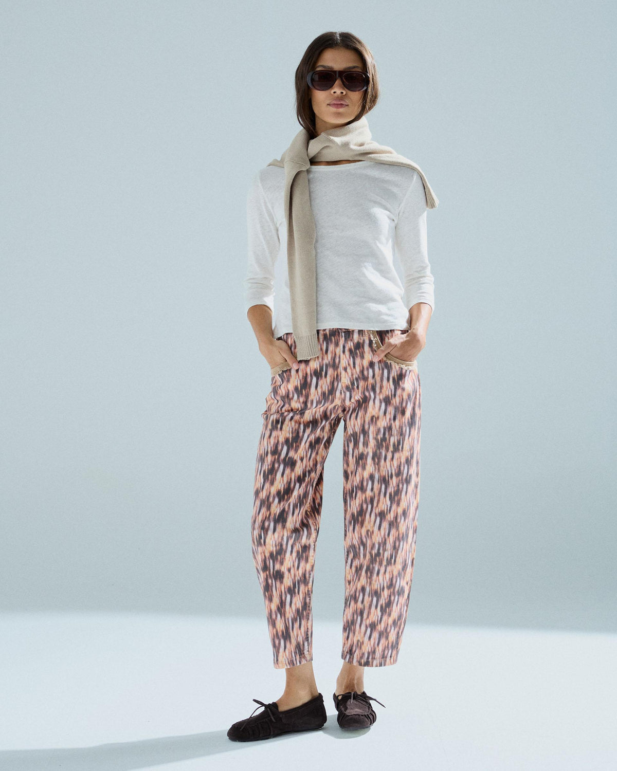 Printed Frayed Pocket Jeans Multicoloured