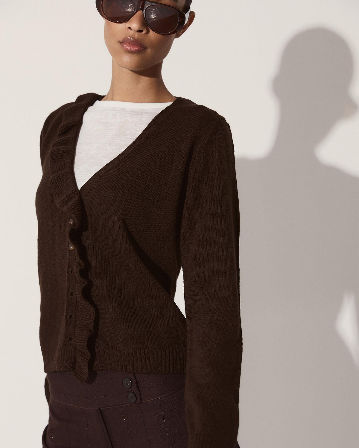 Asymmetric Ruffle Cardigan Brown