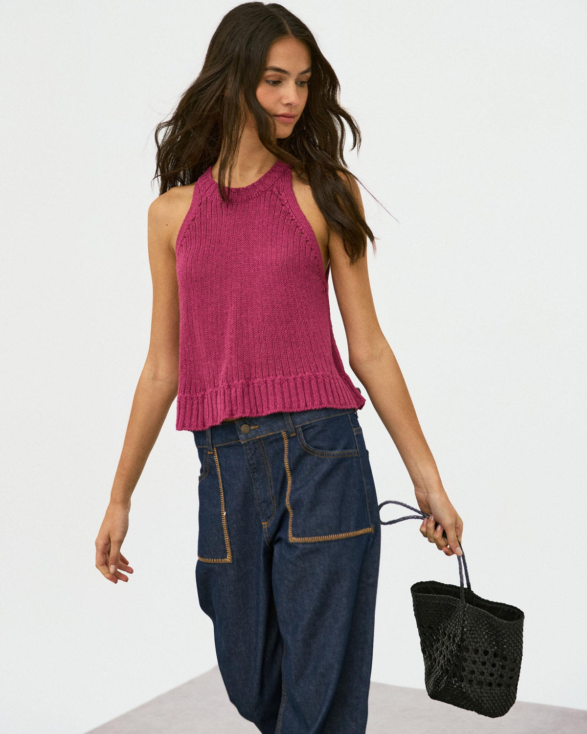 Pink Ribbed Sleeveless Round-Neck Top