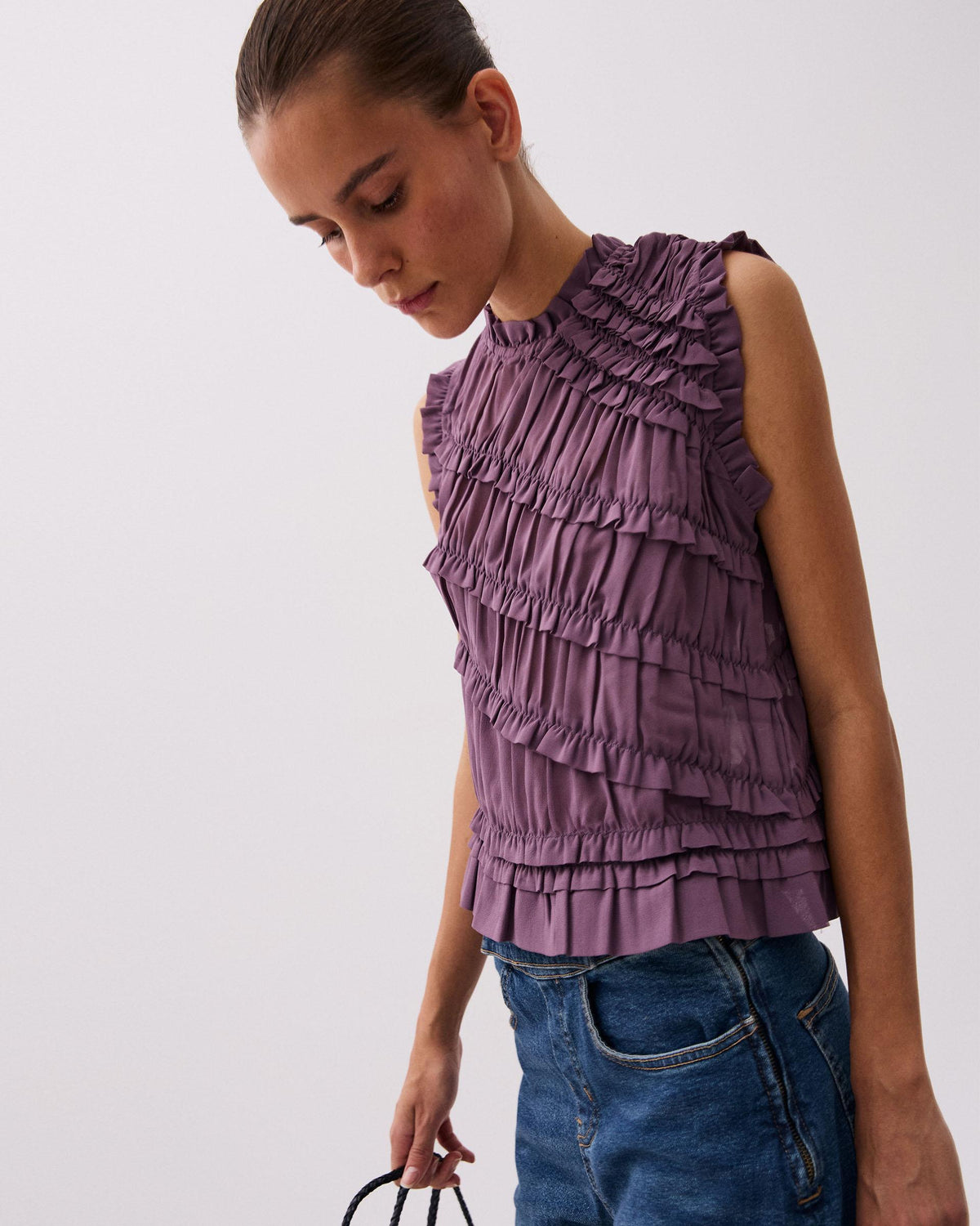 Purple Sleeveless Top with Diagonal Ruffles