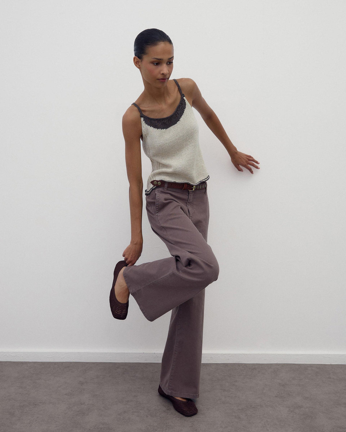 Beige Contrast Cut-Out Knit Strappy Top