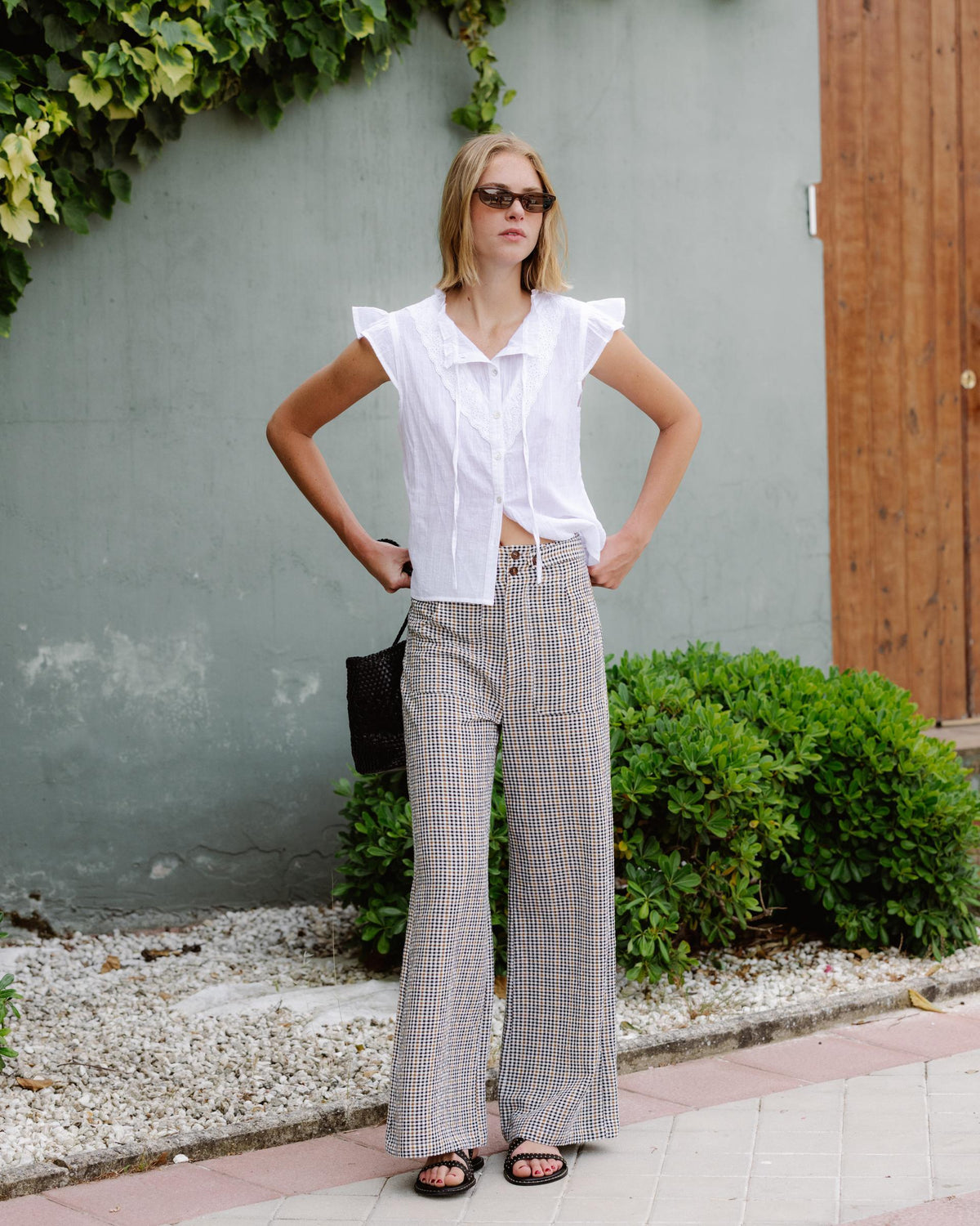 Pantalón Cinturilla Botones Cuadros Negro