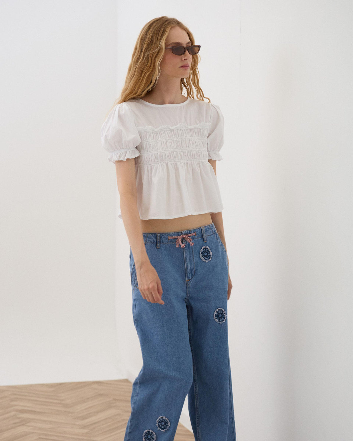 Blusa Manga Abullonada Gomas Blanca