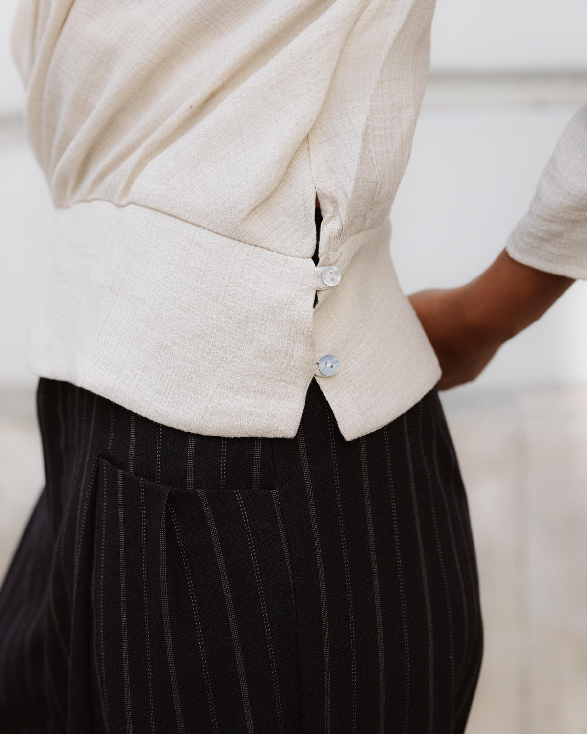 Ecru Draped Blouse with Side Buttons