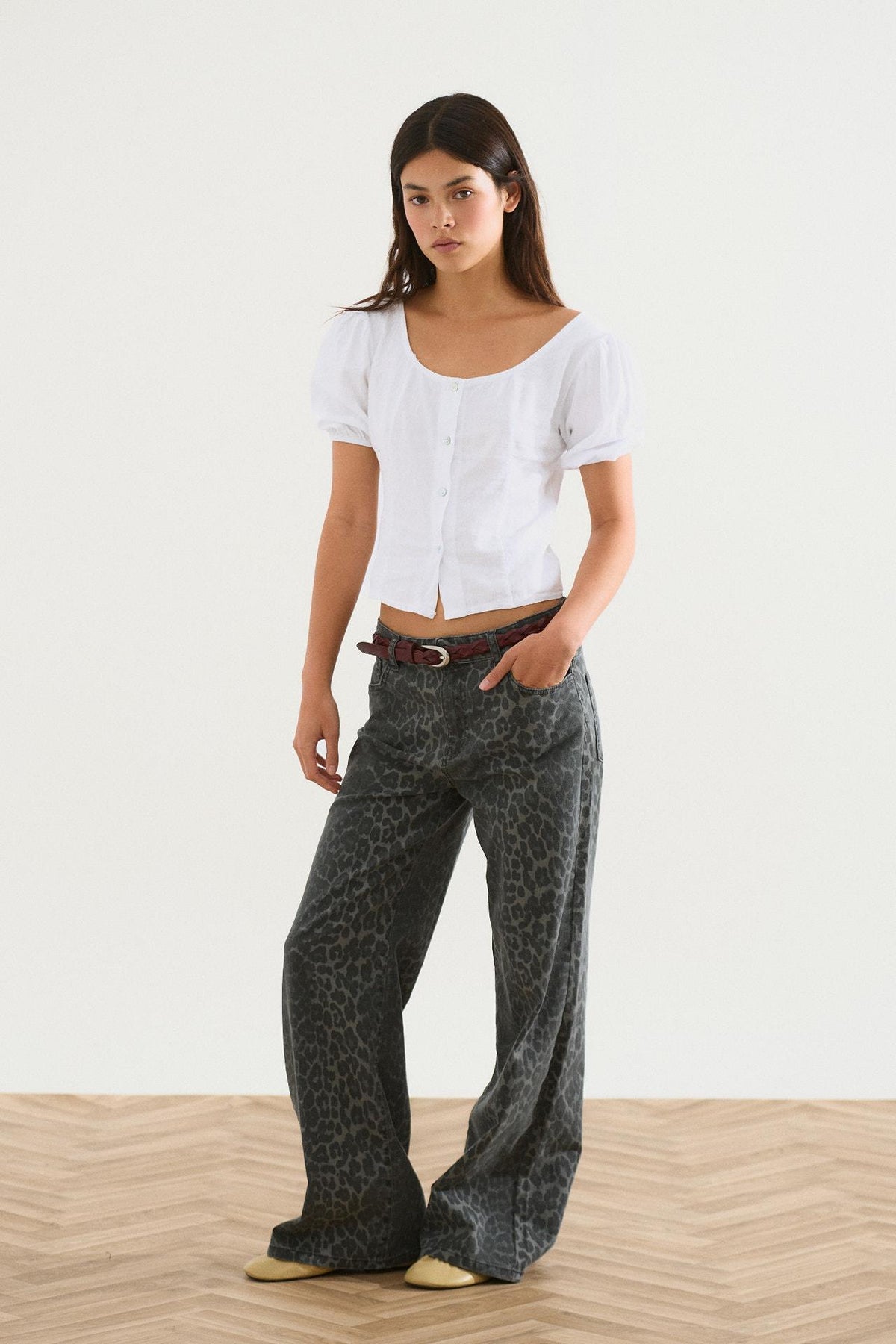 Jeans Wide Leg Animal Print Gris