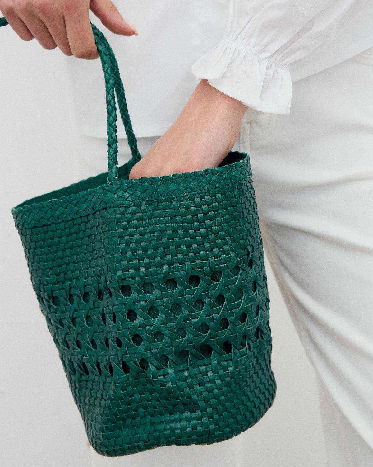Green Braided Leather Bucket Bag