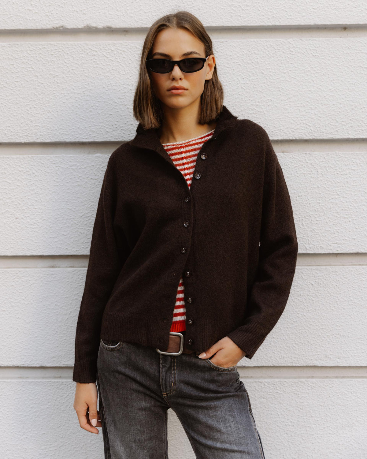 Chaqueta Cuello Alto Botones Marrón