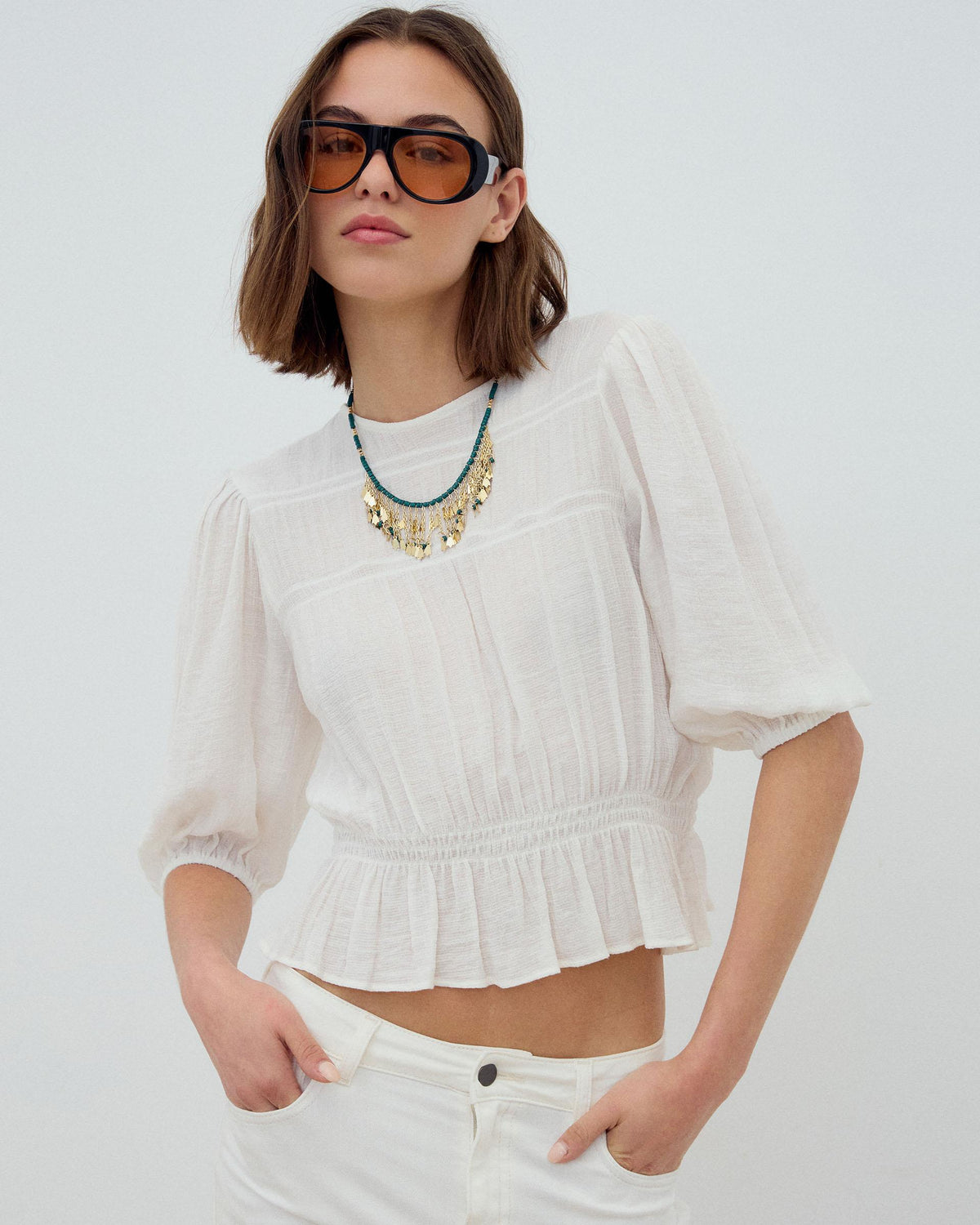 Blusa Gomas Manga Francesa Blanca