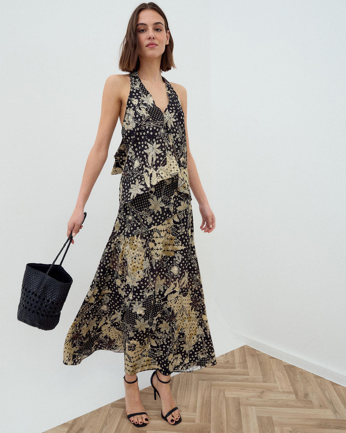 Black Floral Print Skirt with Diagonal Seam