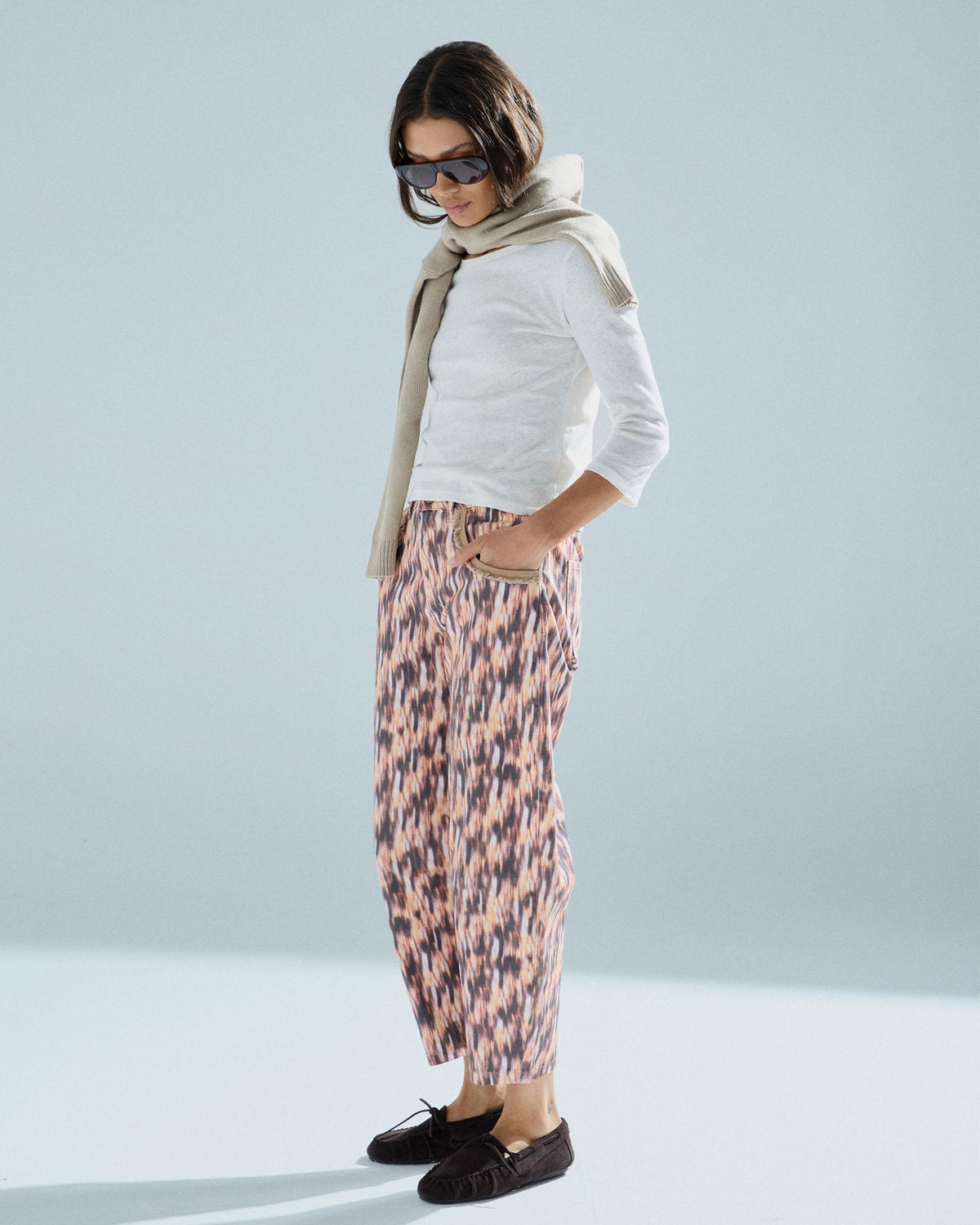 Printed Frayed Pocket Jeans Multicoloured