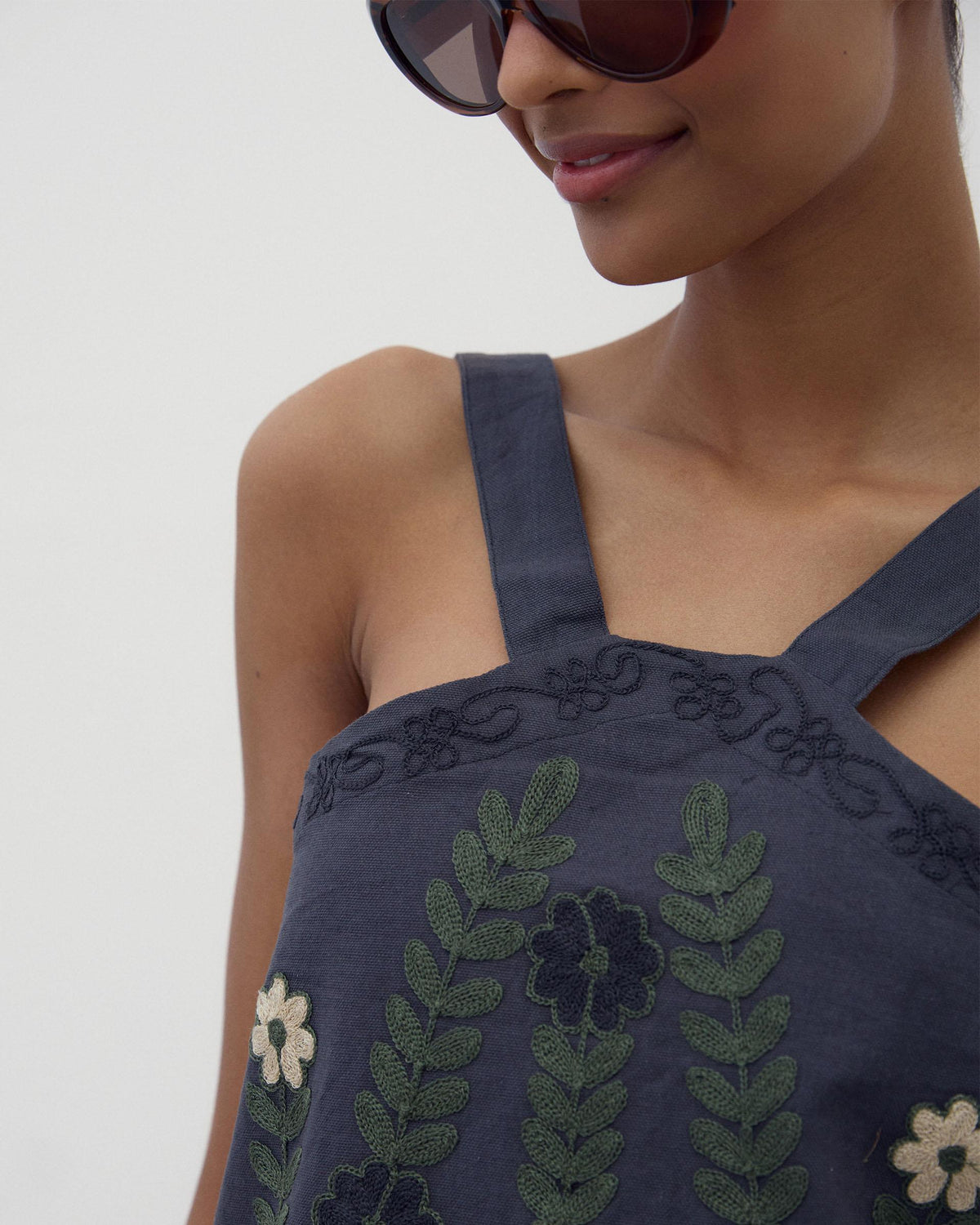 Anthracite Embroidered Canvas Halter Top
