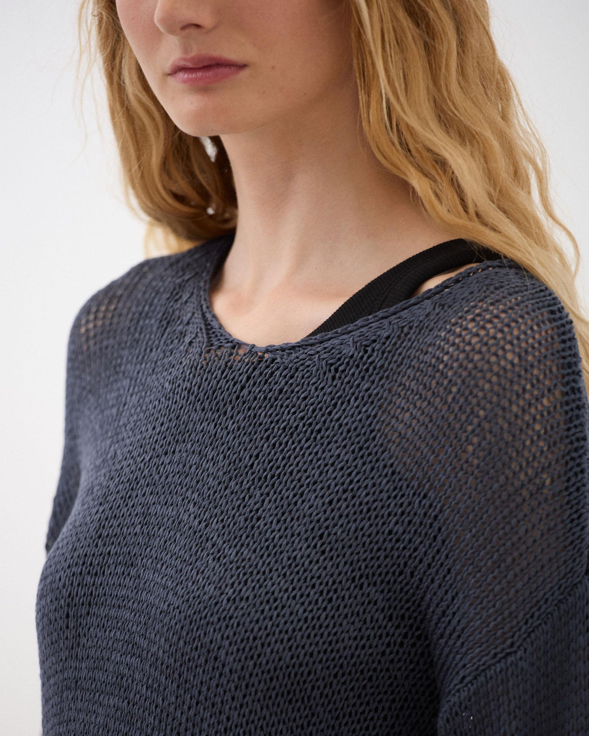 Blue Openwork V-Neck Jumper