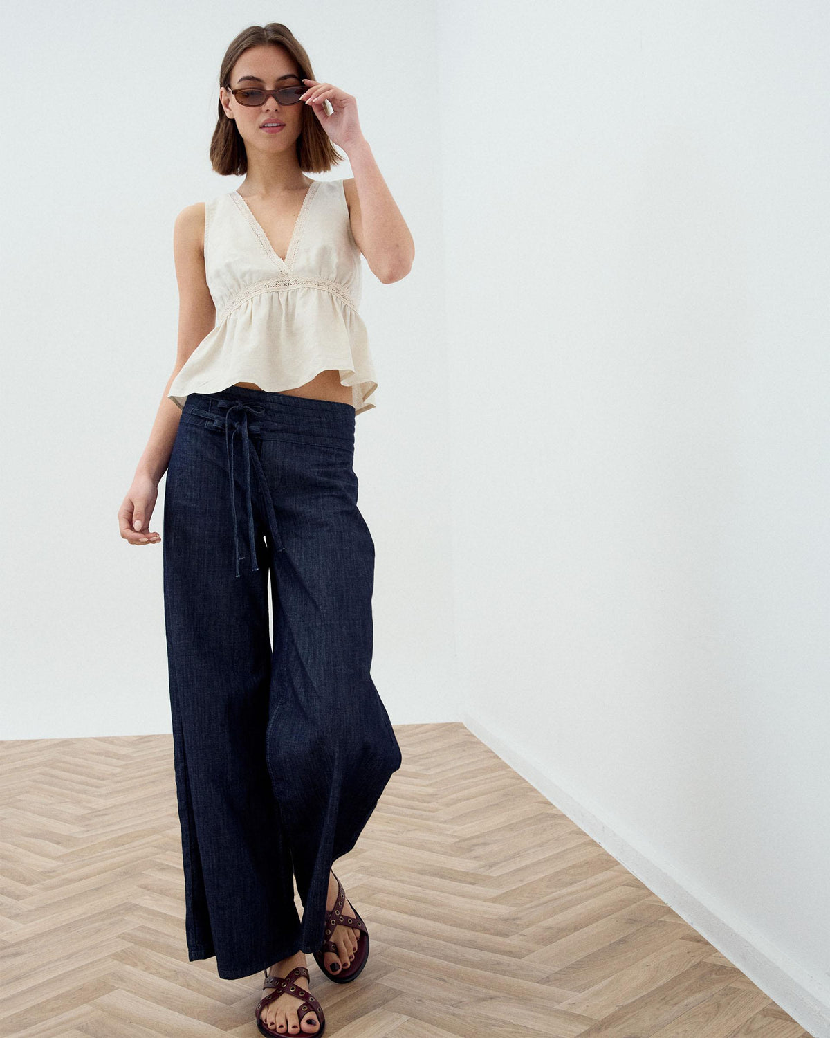 Dark Blue Triple Waistband Tie-Side Jeans