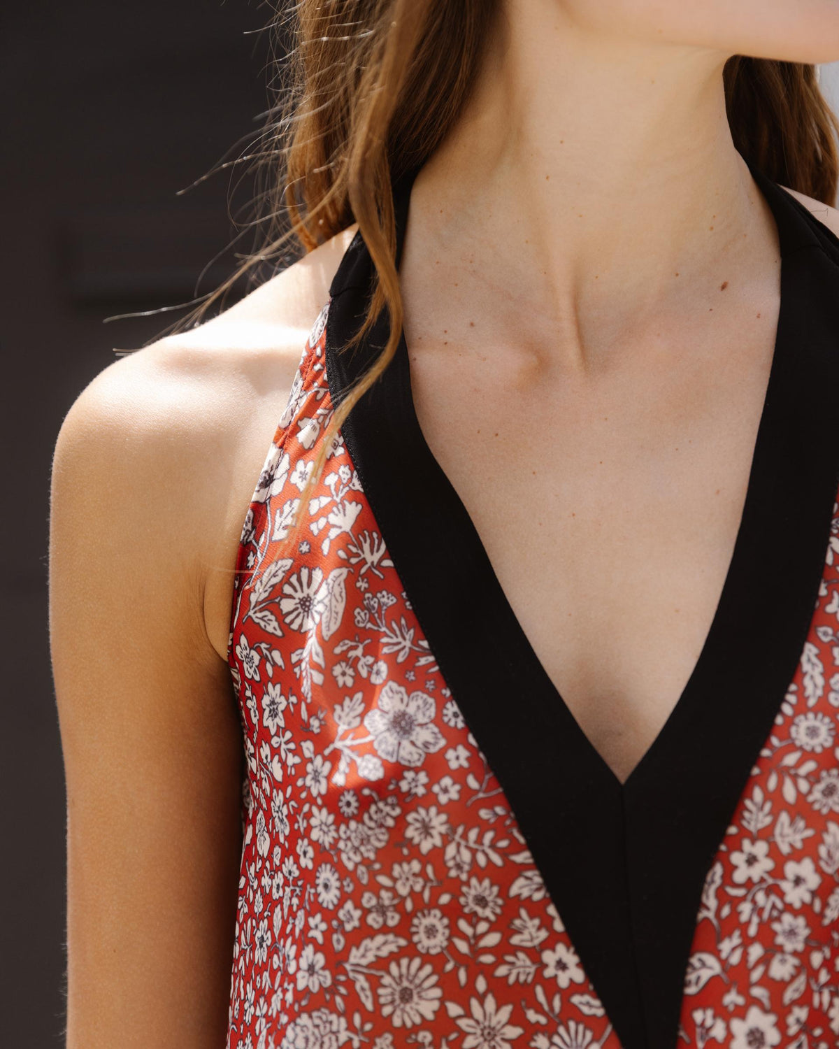 Red Floral Halter Top with Contrast Trim
