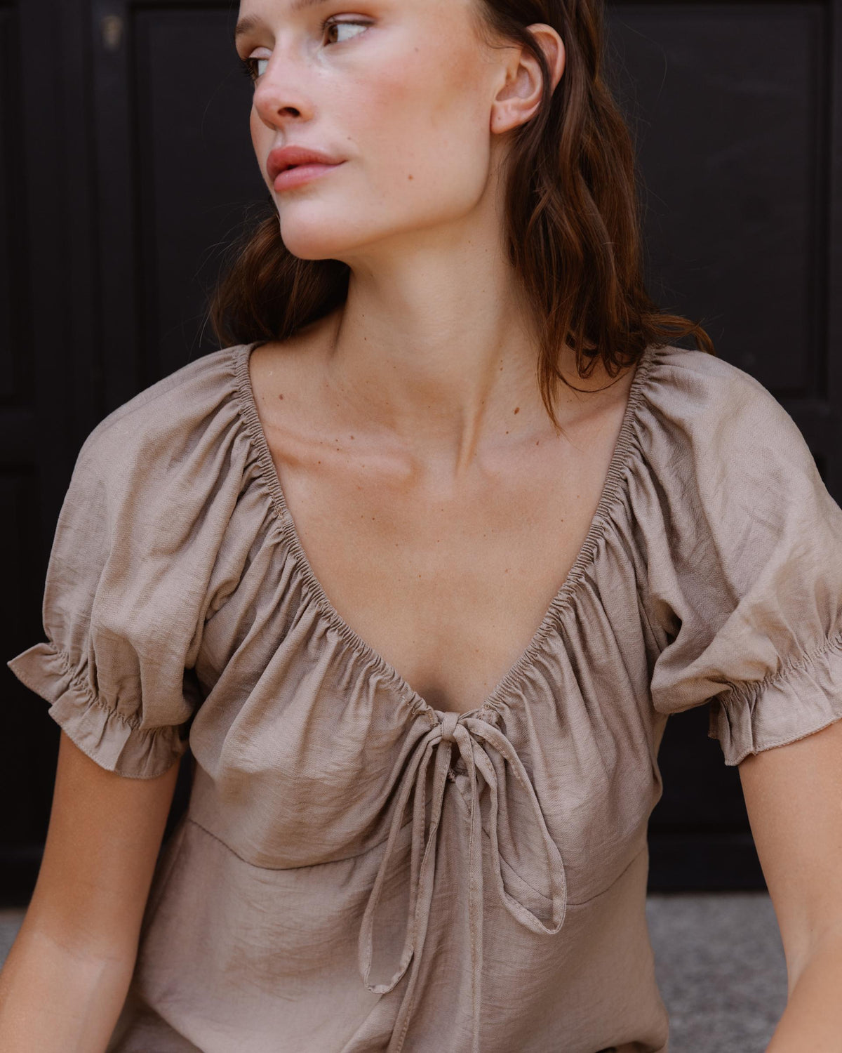 Taupe Short-Sleeve Tie-Front Blouse