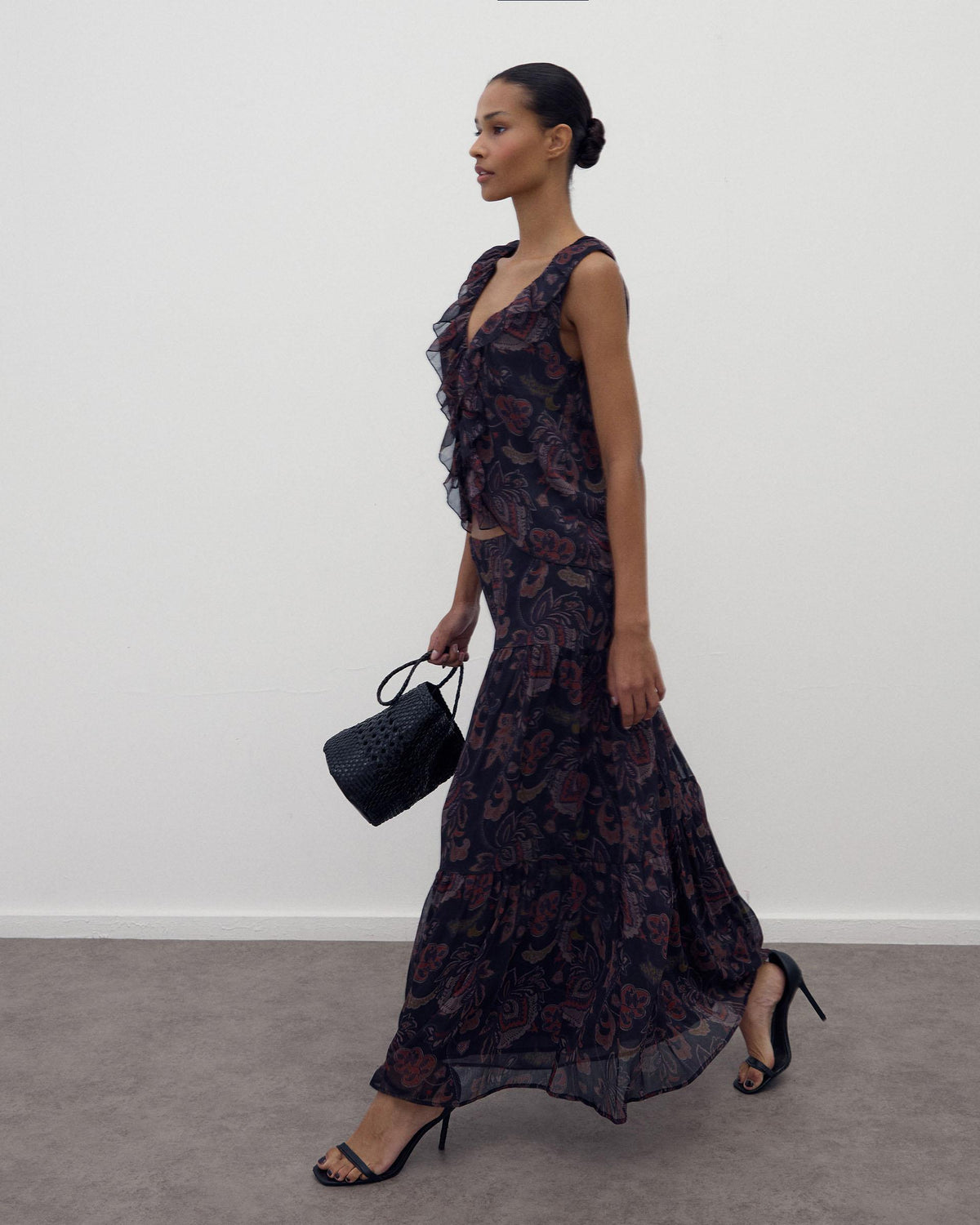 Black Printed Sleeveless Top with Ruffle and Ties