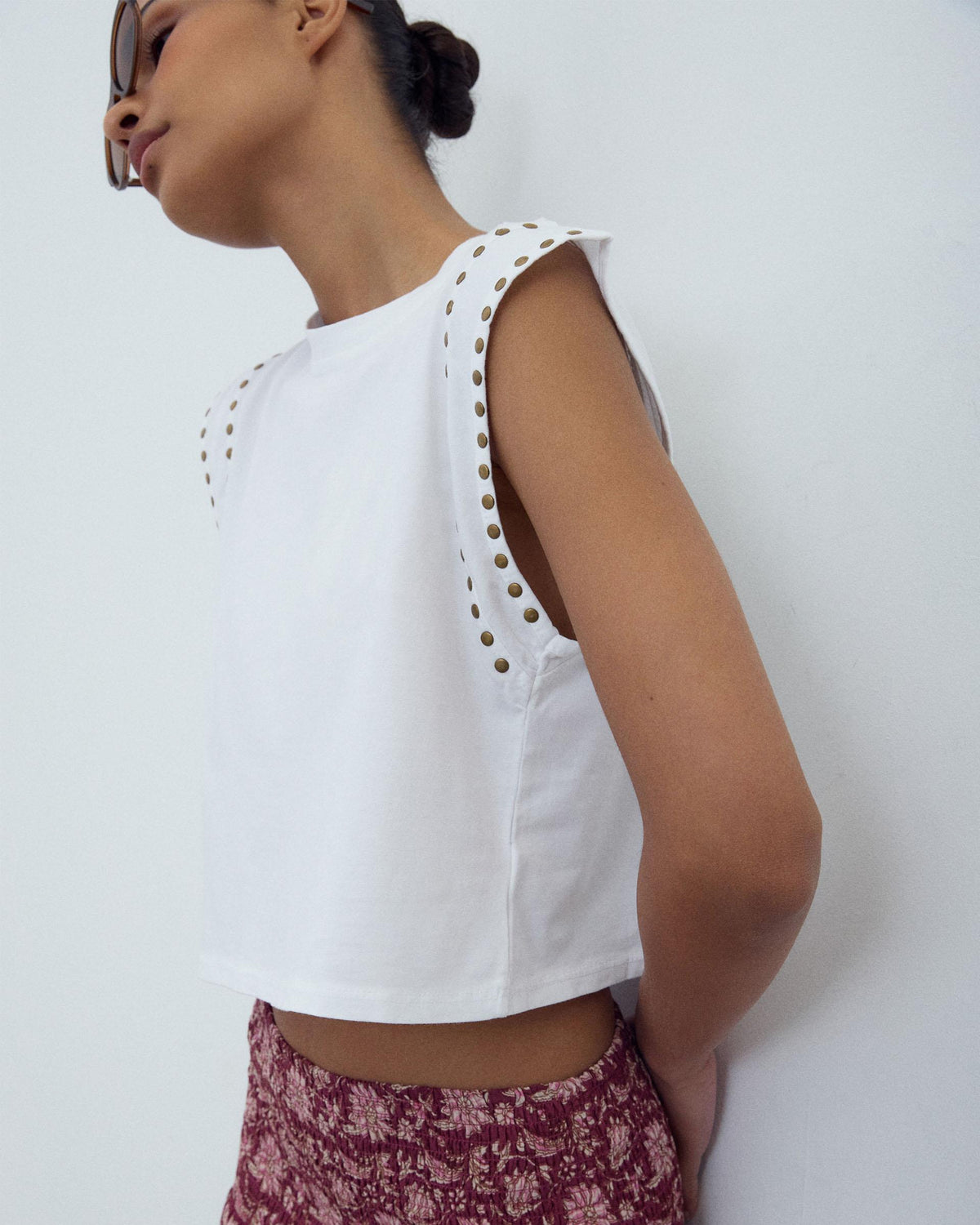 White T-Shirt with Studded Sleeves