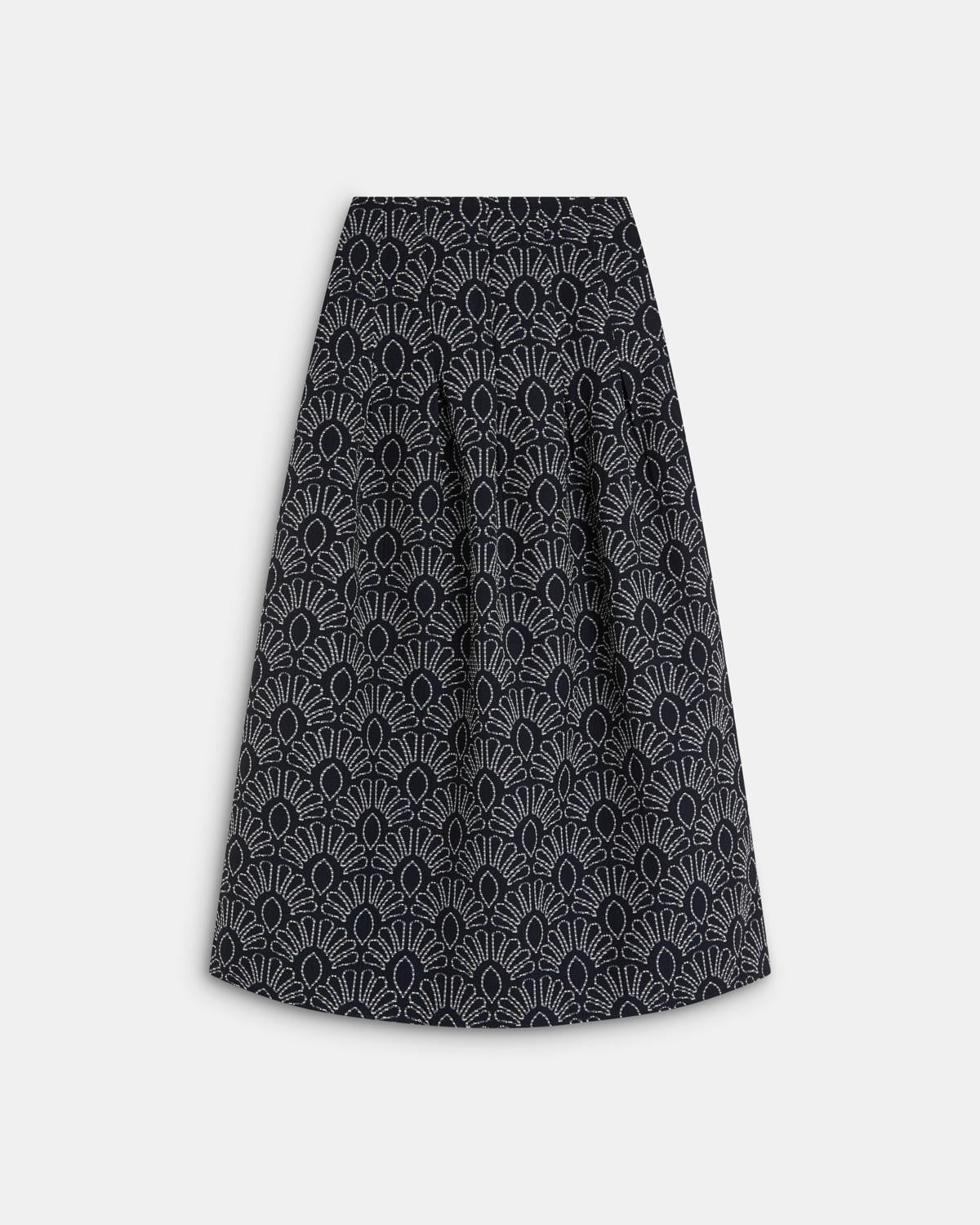 Navy Blue Printed Skirt with Pleats and Seams