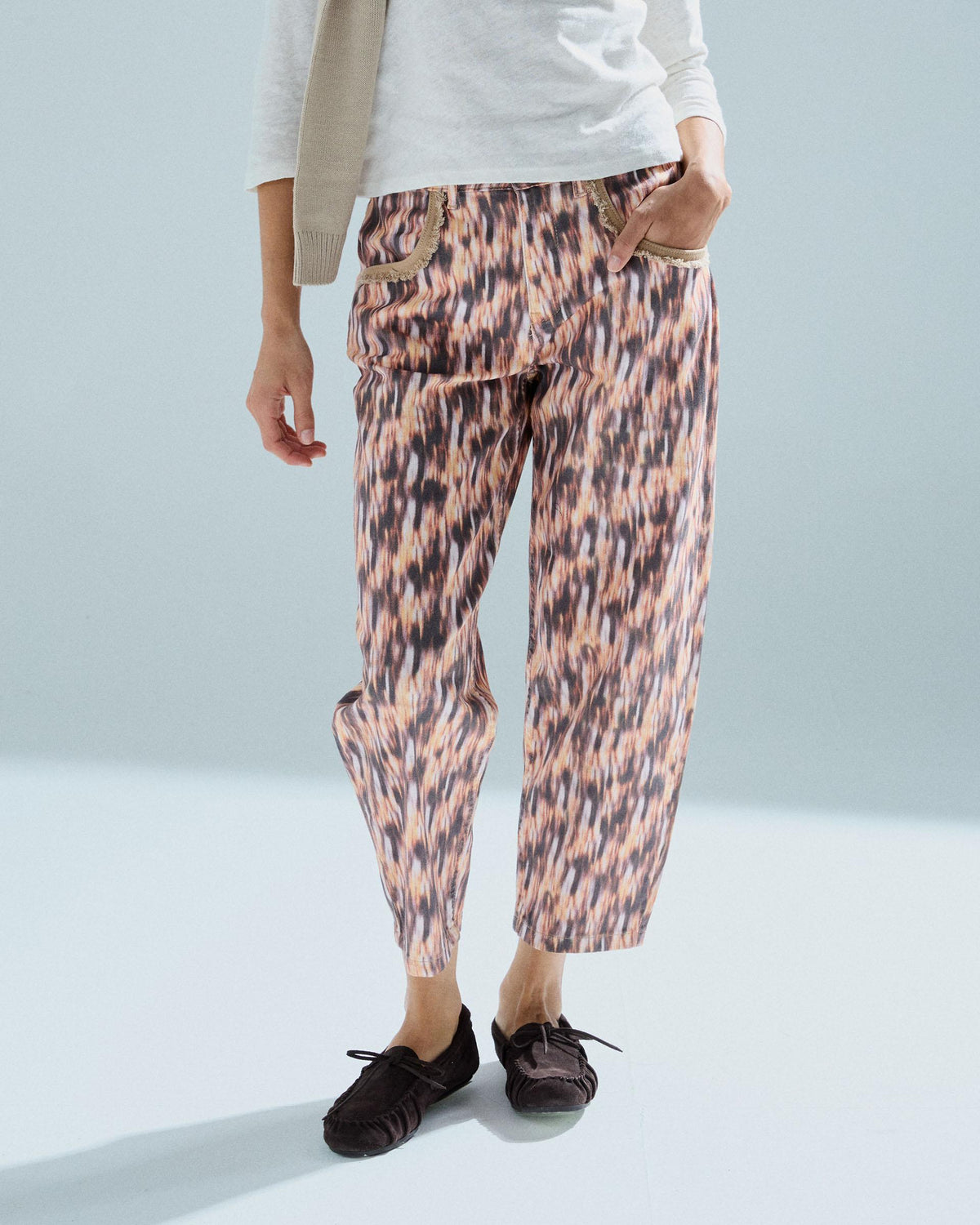 Printed Frayed Pocket Jeans Multicoloured