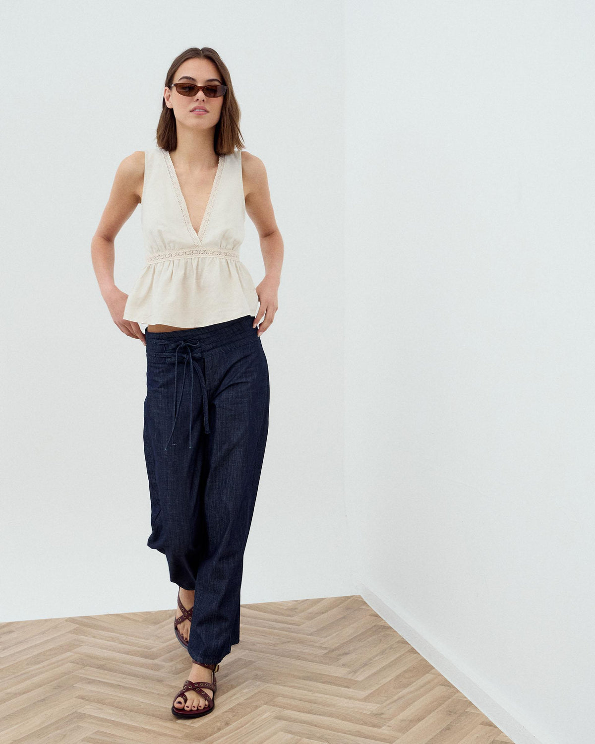 Dark Blue Triple Waistband Tie-Side Jeans