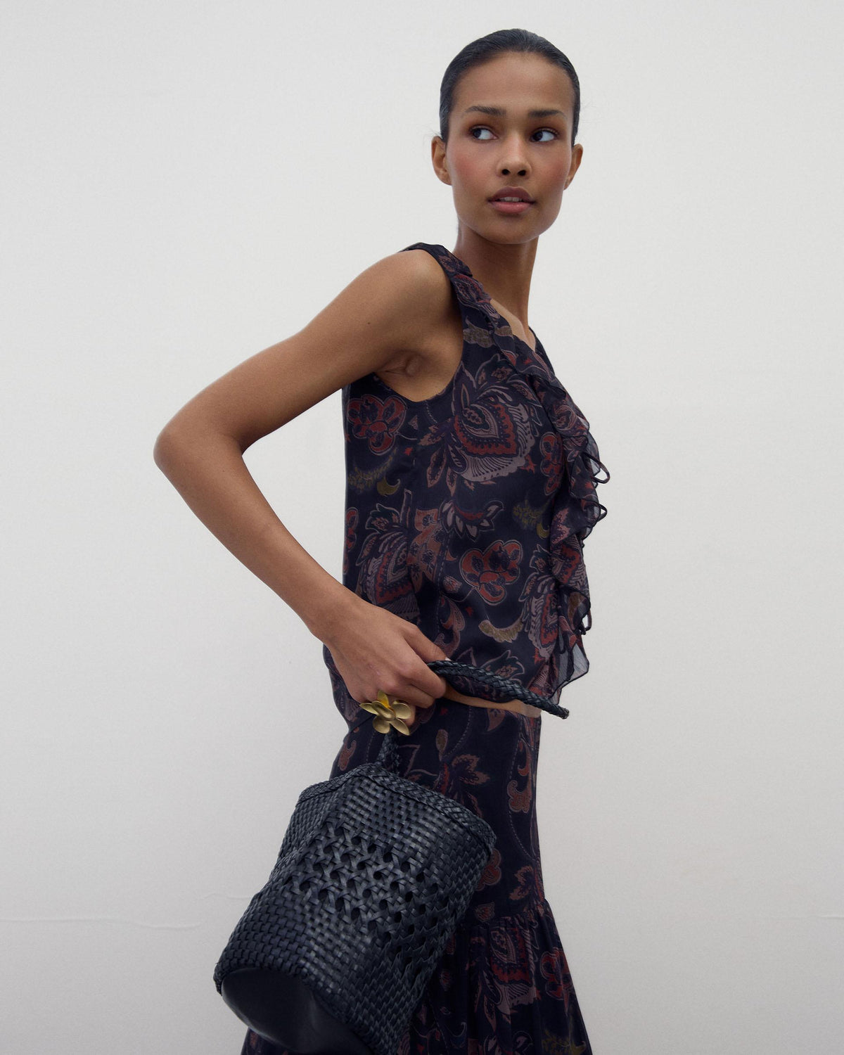 Black Printed Sleeveless Top with Ruffle and Ties