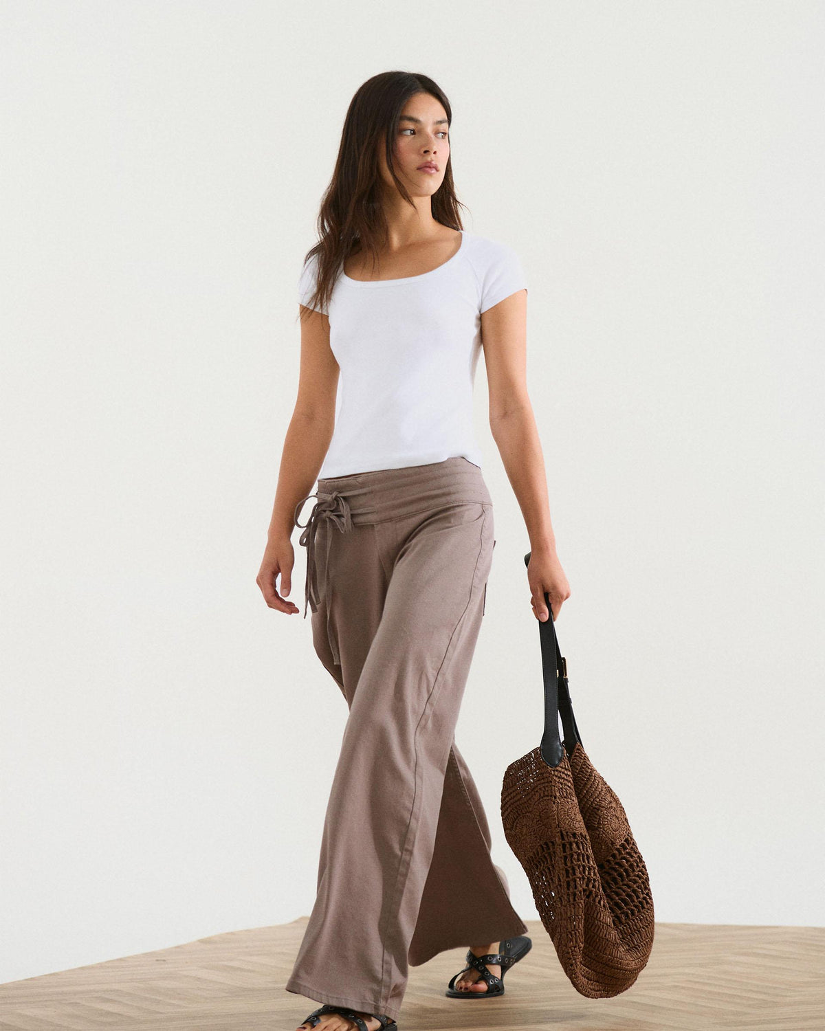 Taupe Triple Waistband Tie-Side Jeans