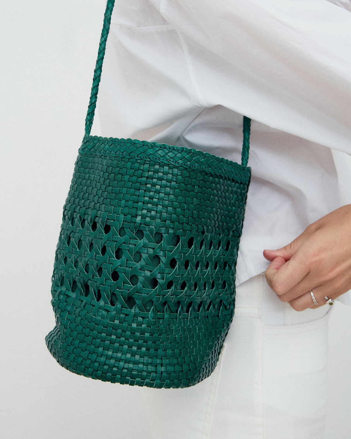 Green Braided Leather Bucket Bag