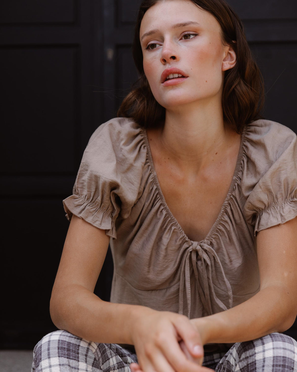 Taupe Short-Sleeve Tie-Front Blouse